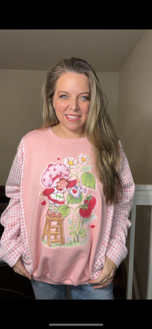 Upcycled Strawberry shortcake – women’s 2X midweight sweatshirt with stretchy sleeves