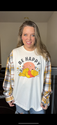 Upcycled Pooh bear – women’s 3X T-shirt with flannel sleeves
