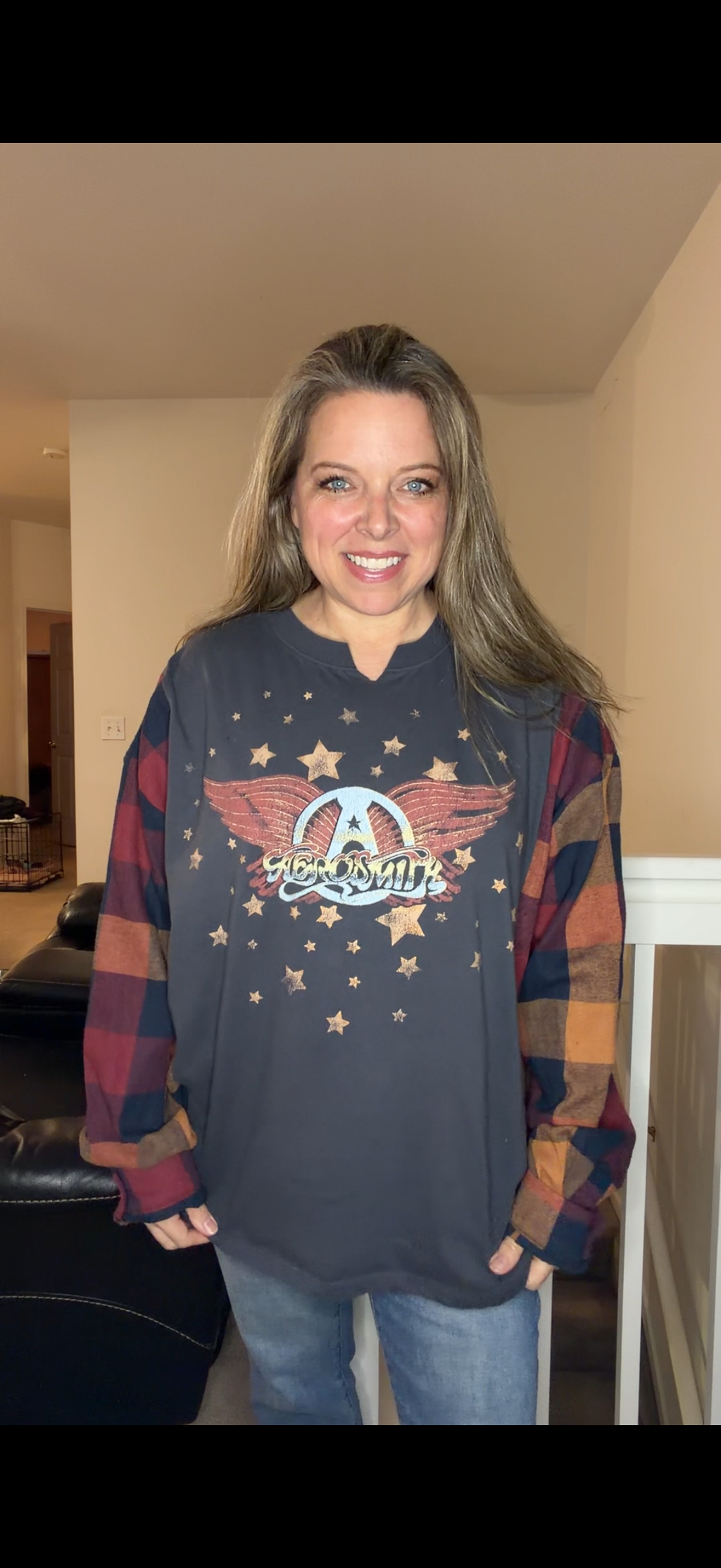 Upcycled Aerosmith - women's 2X T-shirt with flannel sleeves