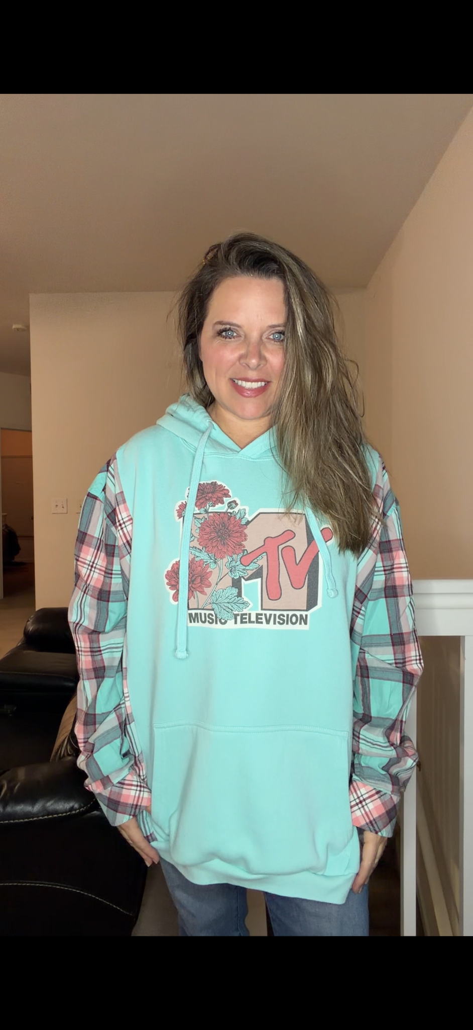 Upcycled MTV - women's 5X midweight sweatshirt with flannel sleeves