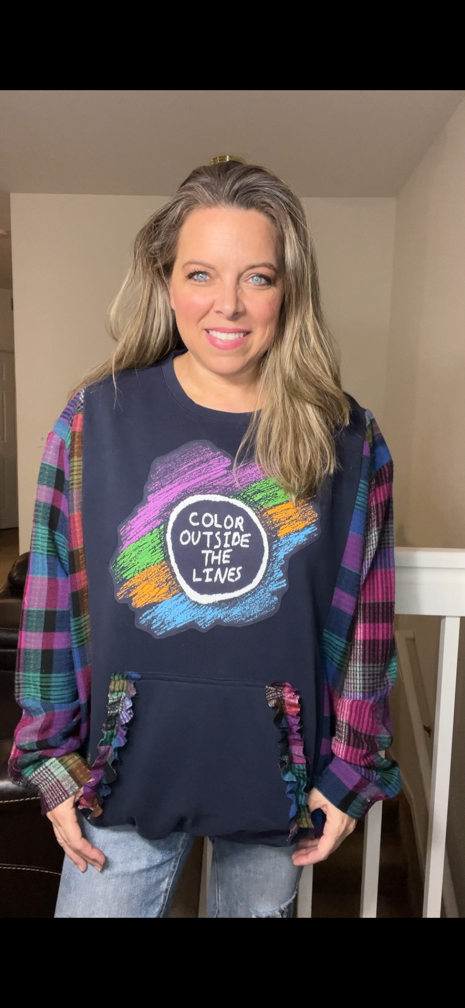 Upcycled Color – women’s 3X midweight sweatshirt with flannel sleeves