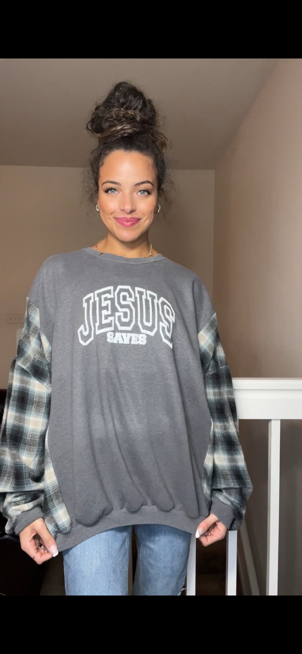 Jesus Saves - woman’s 2X/3X - midweight sweatshirt with flannel sleeves ￼