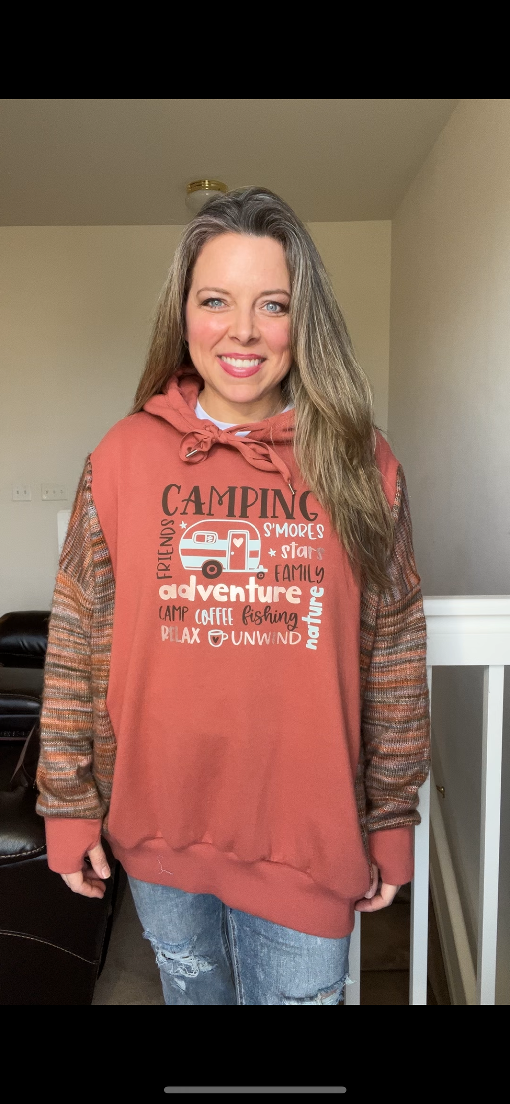 Upcycled Camping – women’s 2X/3X – soft midweight sweatshirt with soft sweater sleeves￼