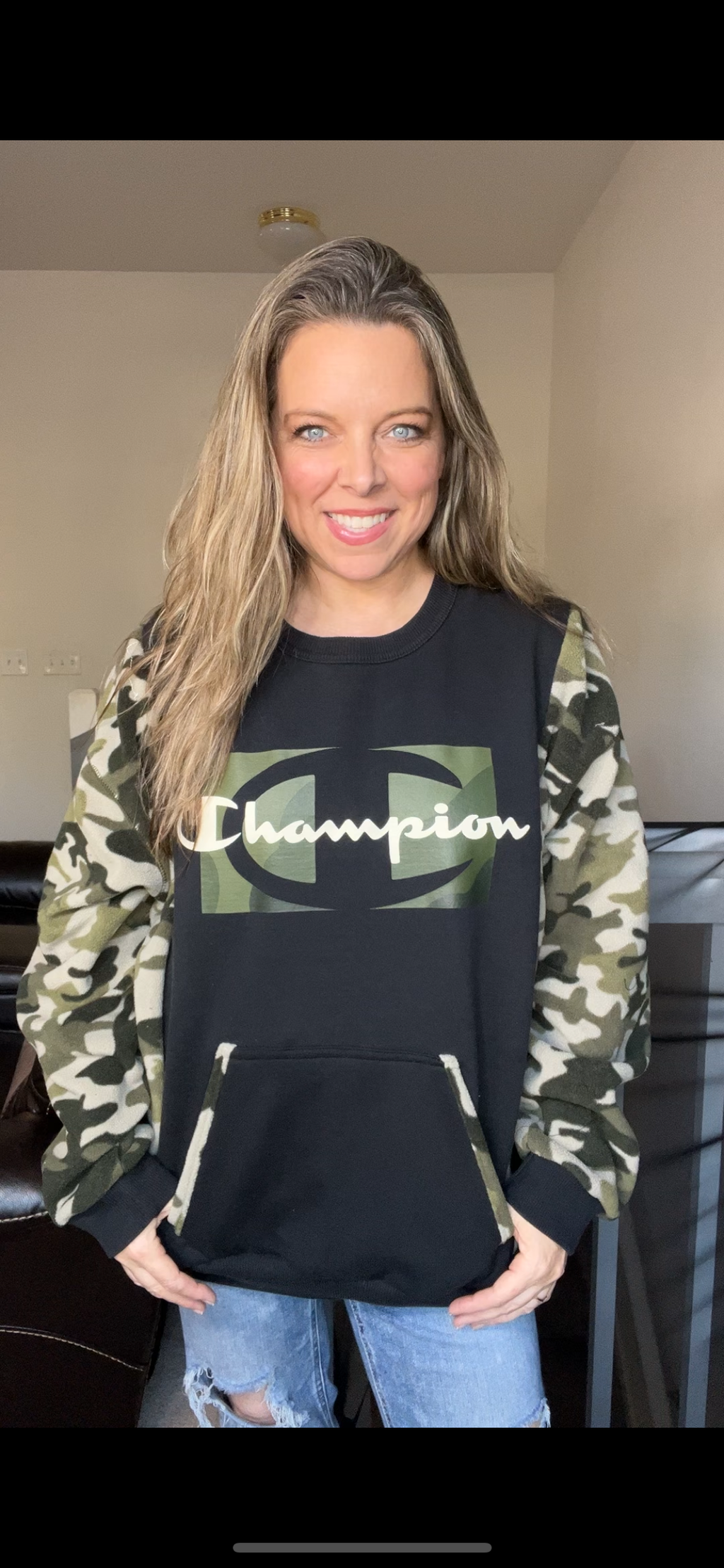 Upcycled Camo – women’s 2X midweight sweatshirt with fleece sleeves