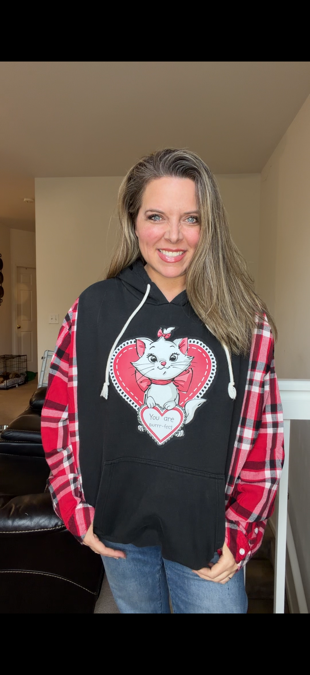 Upcycled Kitty - women's large/XL midweight sweatshirt with flannel sleeves
