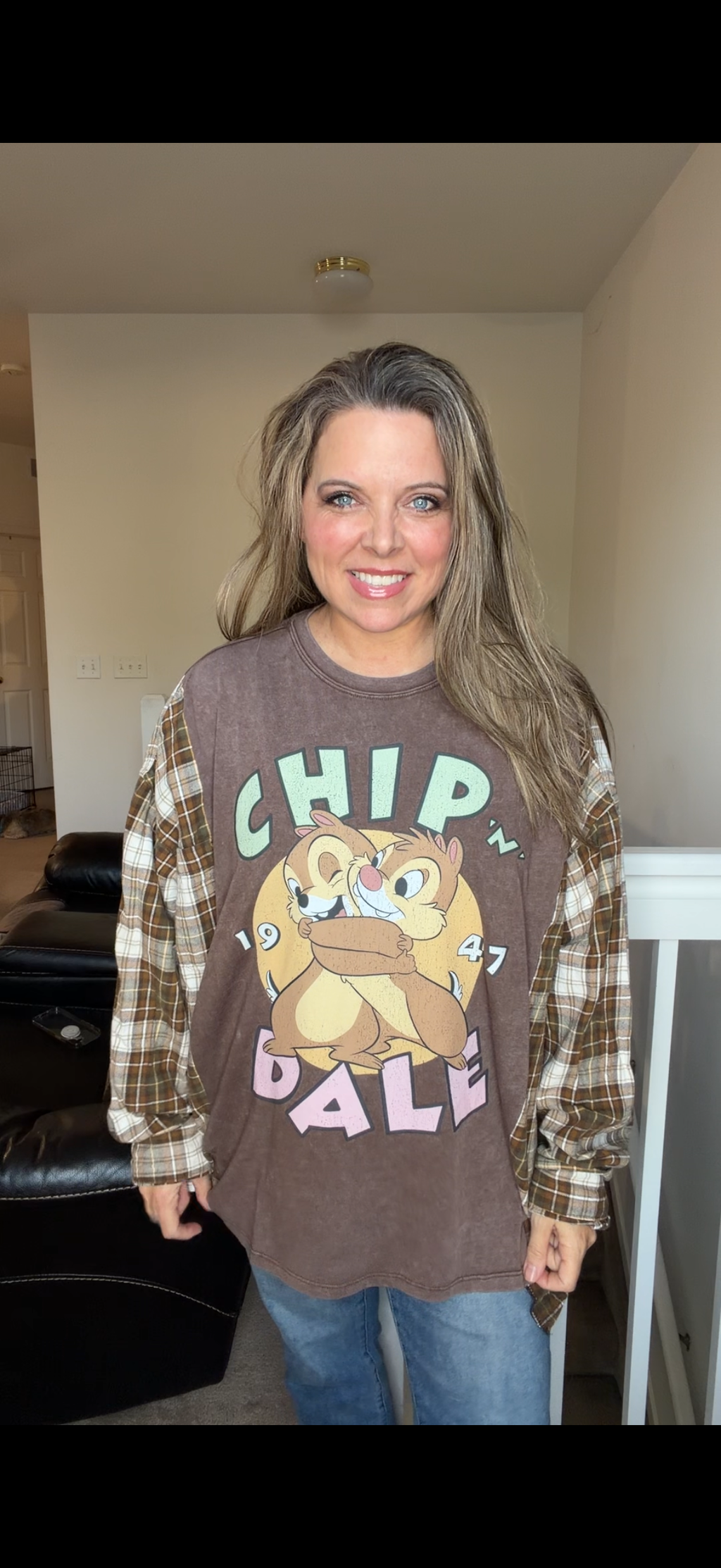 Upcycled Chip n Dale - women's 3X T-shirt with flannel sleeves