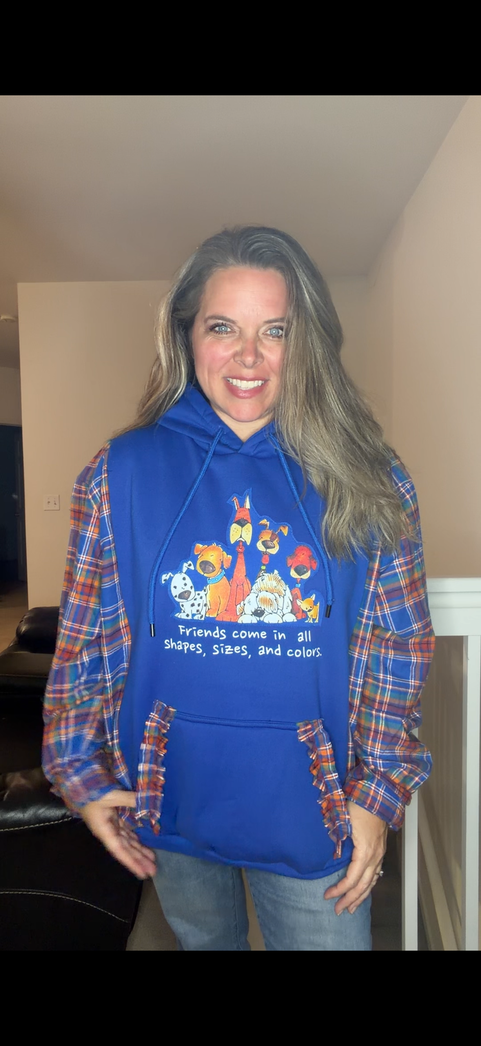 Upcycled Dogs - women's 2X thick sweatshirt with flannel sleeves