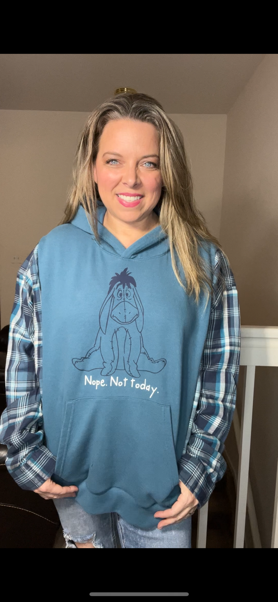 Upcycled Eeyore – women’s 1X – midweight sweatshirt with flannel sleeves