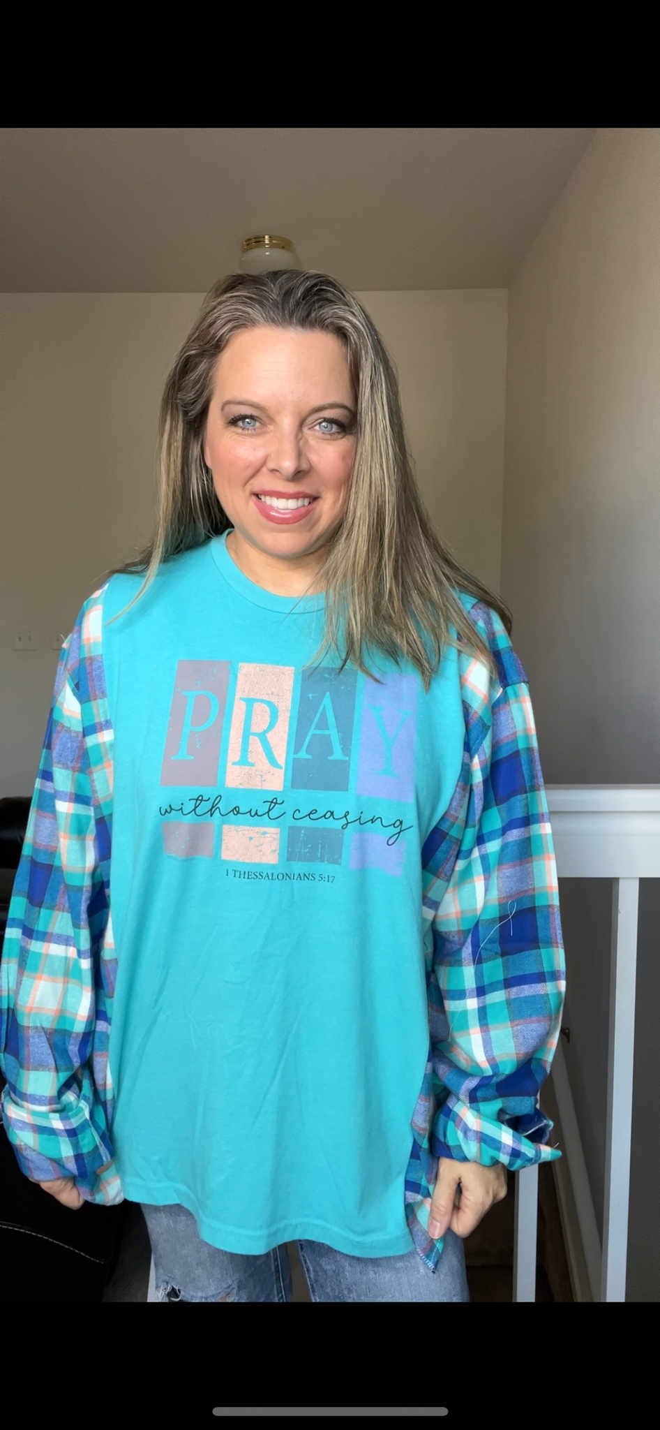 Upcycled Pray – women’s 2X T-shirt with flannel sleeves