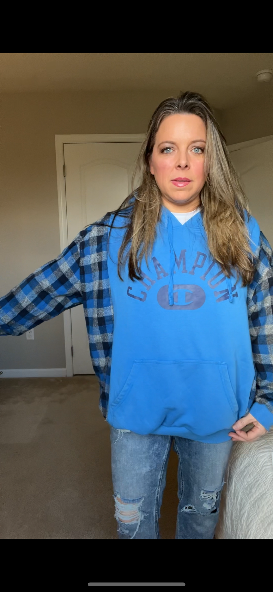 Upcycled Blue Champion - women’s XL/1X – midweight sweatshirt with flannel sleeves