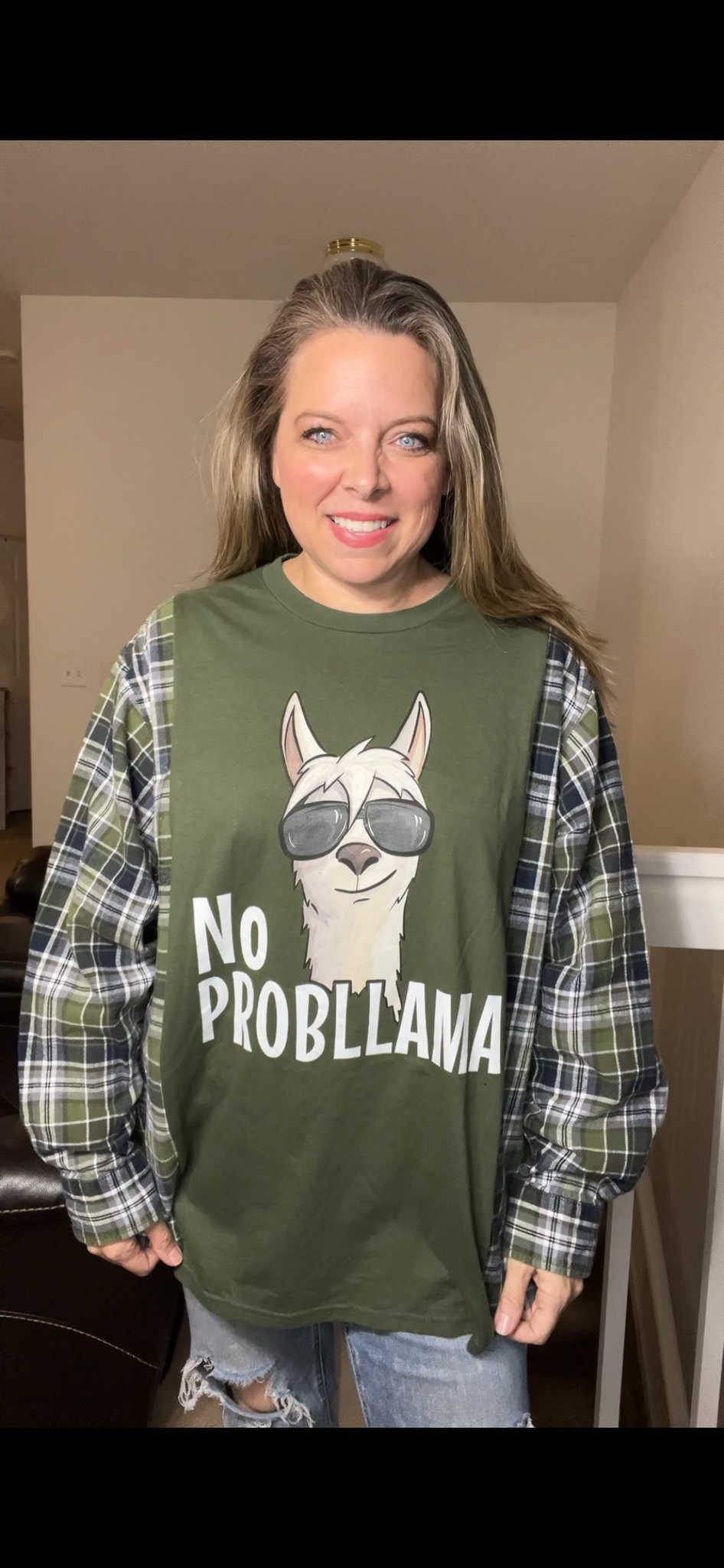 Upcycled Probllama - Women’s 1X T-shirt with flannel sleeves