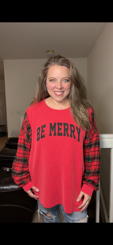 Upcycled Be Merry – women's 3X stretch ribbed shirt with flannel sleeves