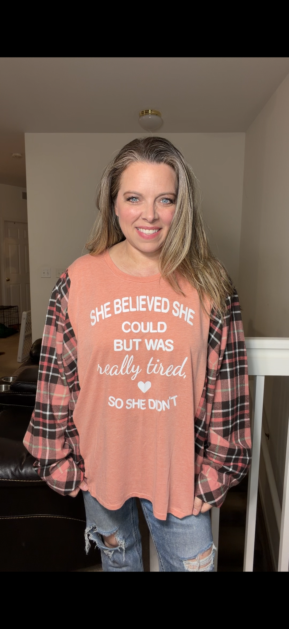 Upcycled She's Tired – women's 3X T-shirt with flannel sleeves