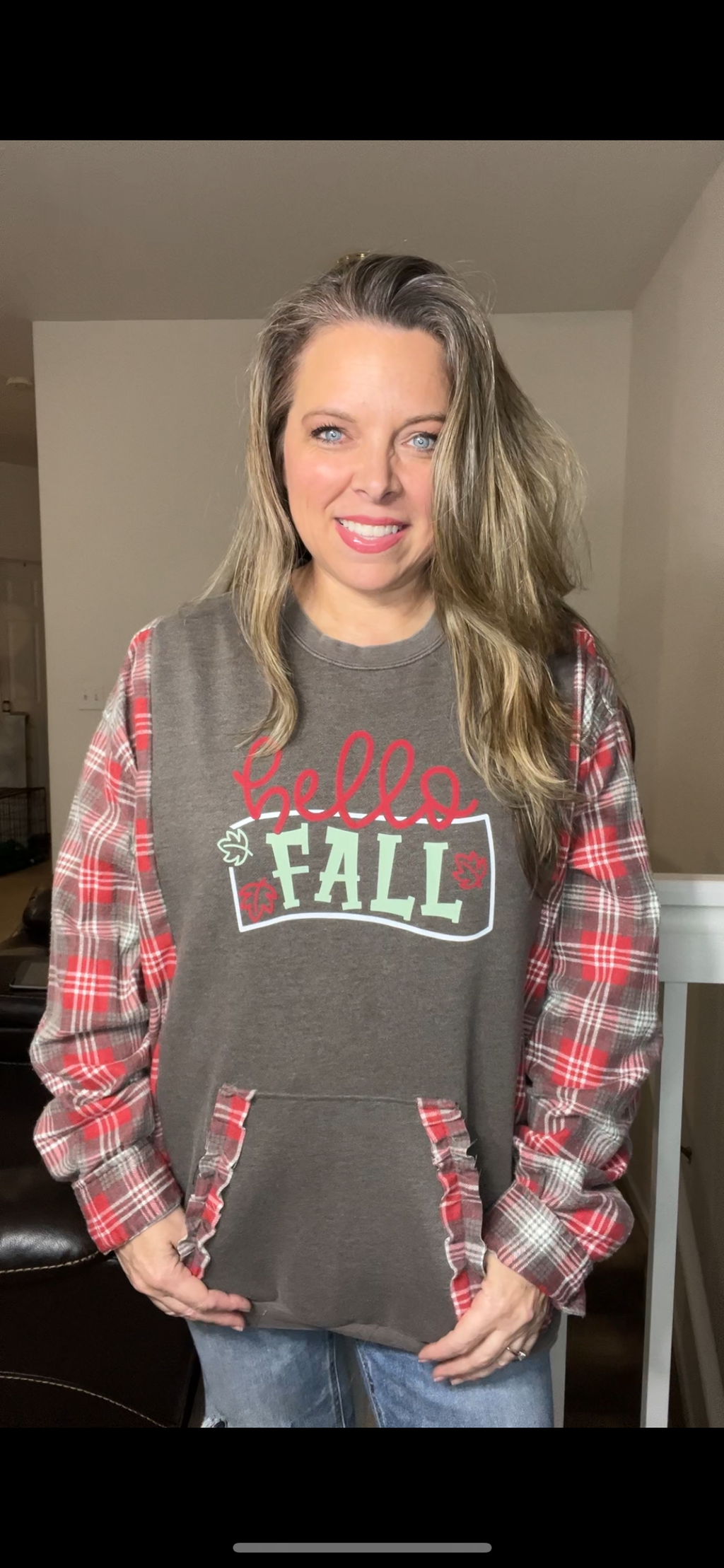 Upcycled Fall – women’s 1X/2X midweight sweatshirt with flannel sleeves