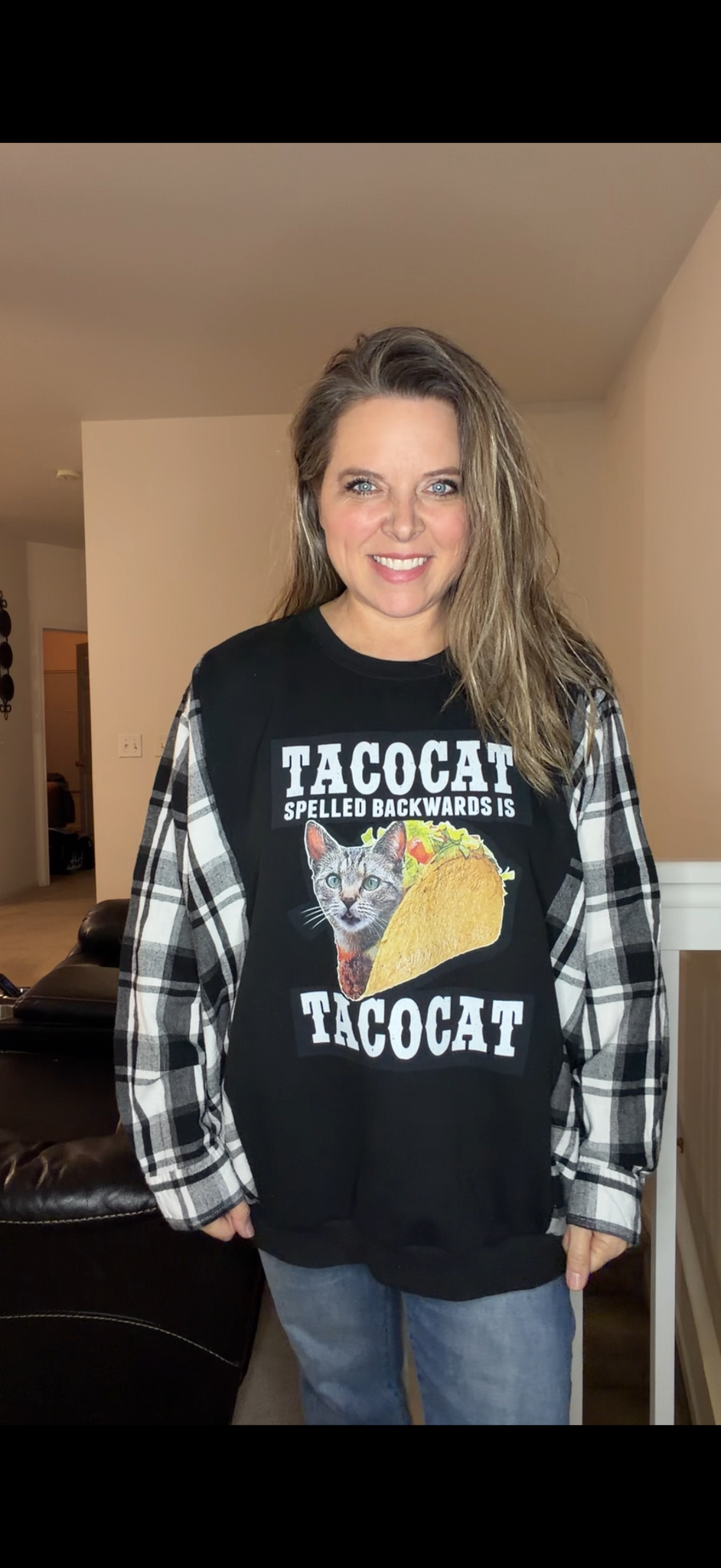 Upcycled Tacocat - women's 3X midweight sweatshirt with flannel sleeves