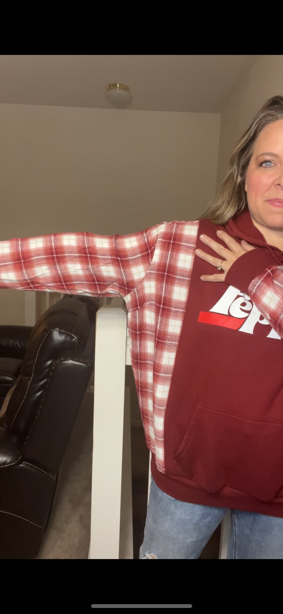 Upcycled Dr. Pepper – women’s 1X – midweight sweatshirt with flannel sleeves – sleeves slightly more fitted