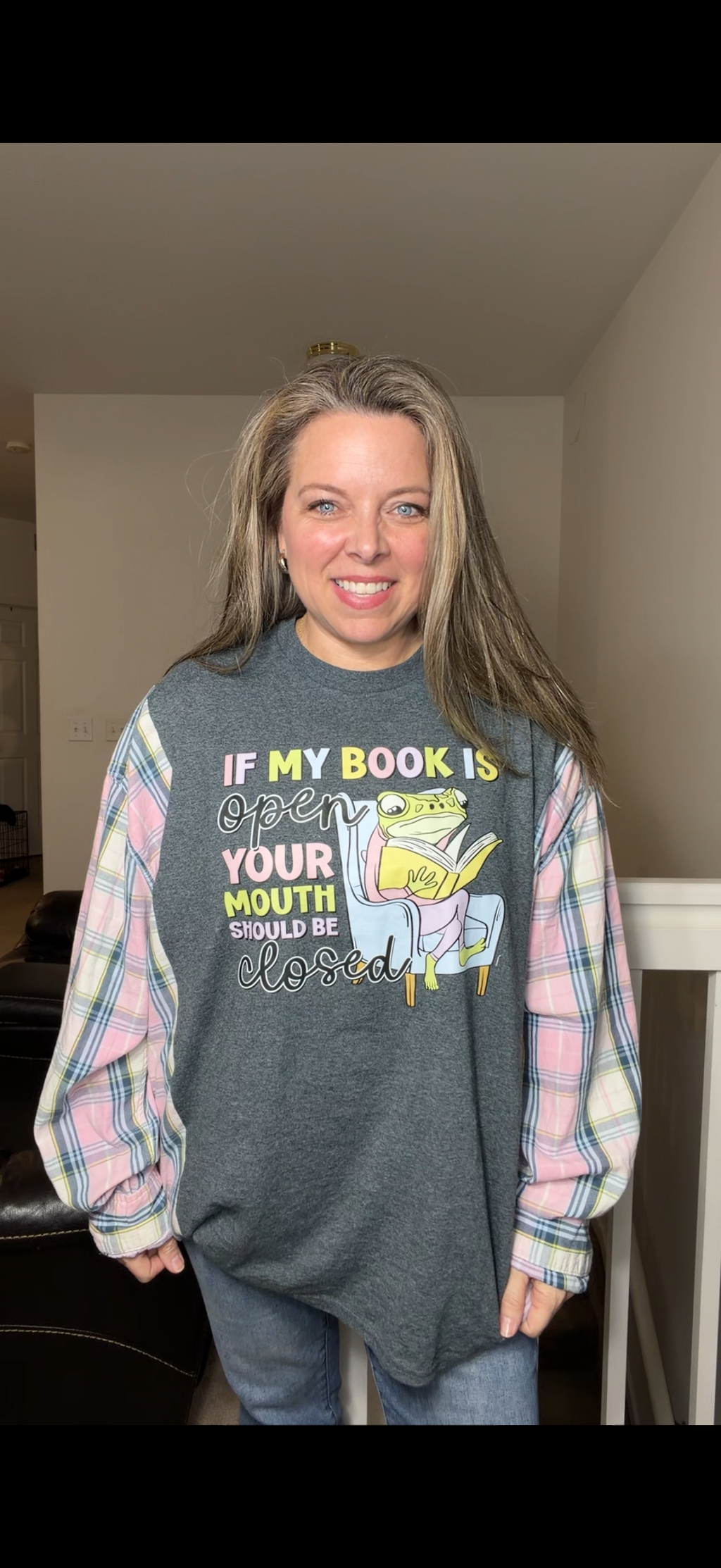 Upcycled Frog Book - women's 4X T-shirt with flannel sleeves