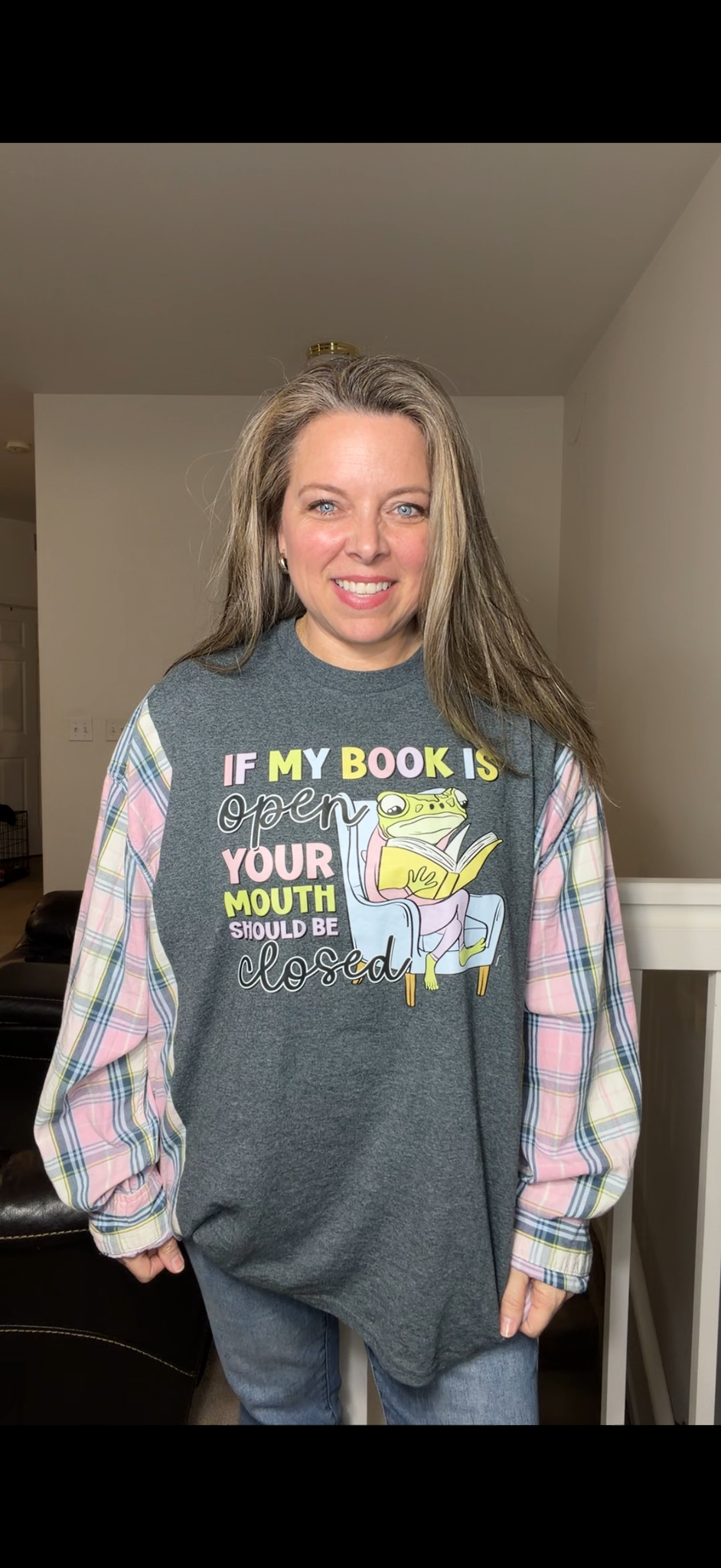 Upcycled Frog Book - women's 4X T-shirt with flannel sleeves