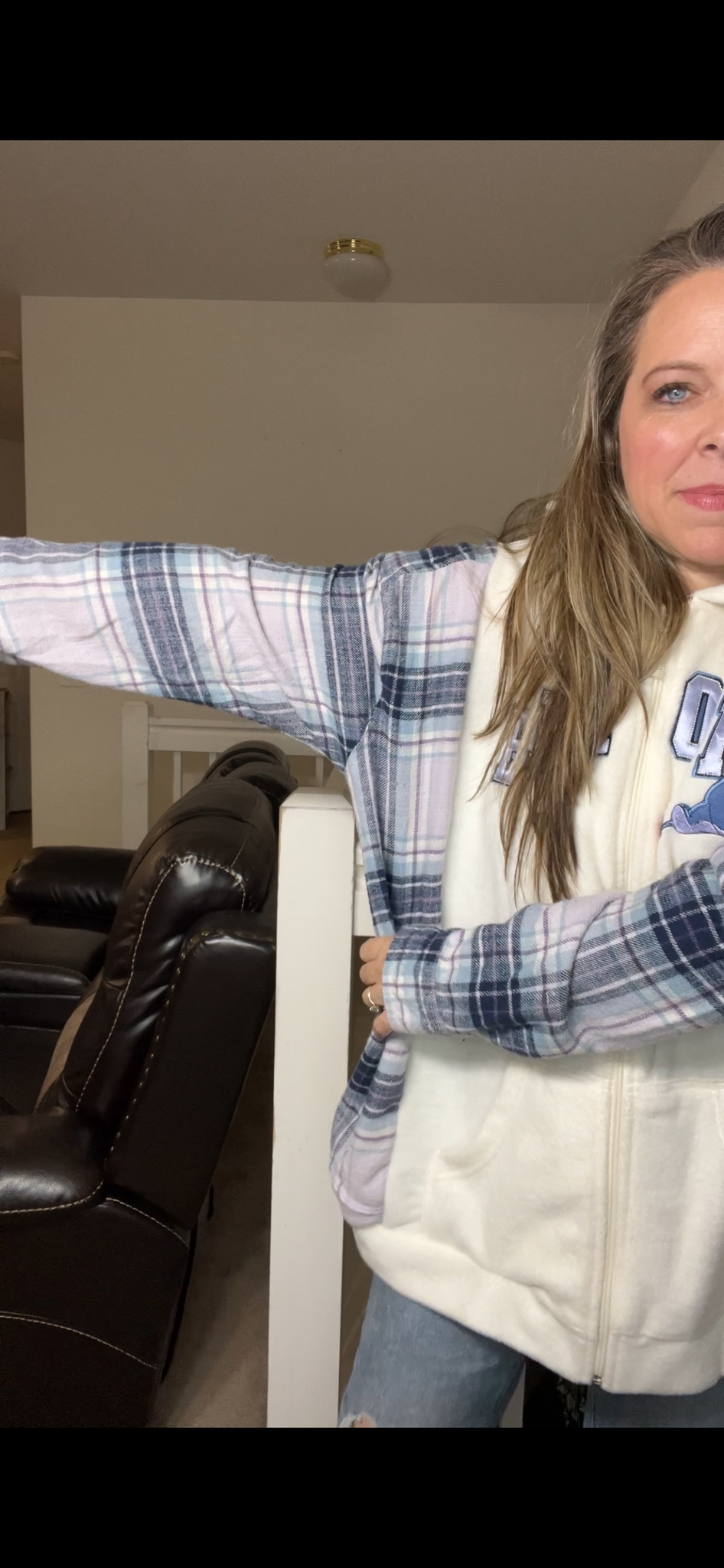 Upcycled Eeyore – women’s 2X long fleece sweatshirt with flannel sleeves- Sleeves slightly more narrow