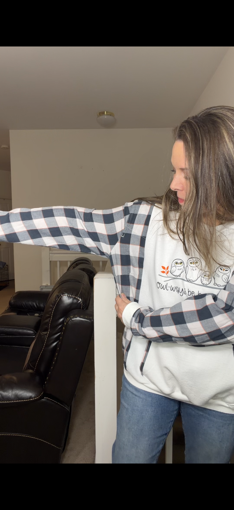 Upcycled Owls - women's medium/large midweight sweatshirt with thin flannel sleeves