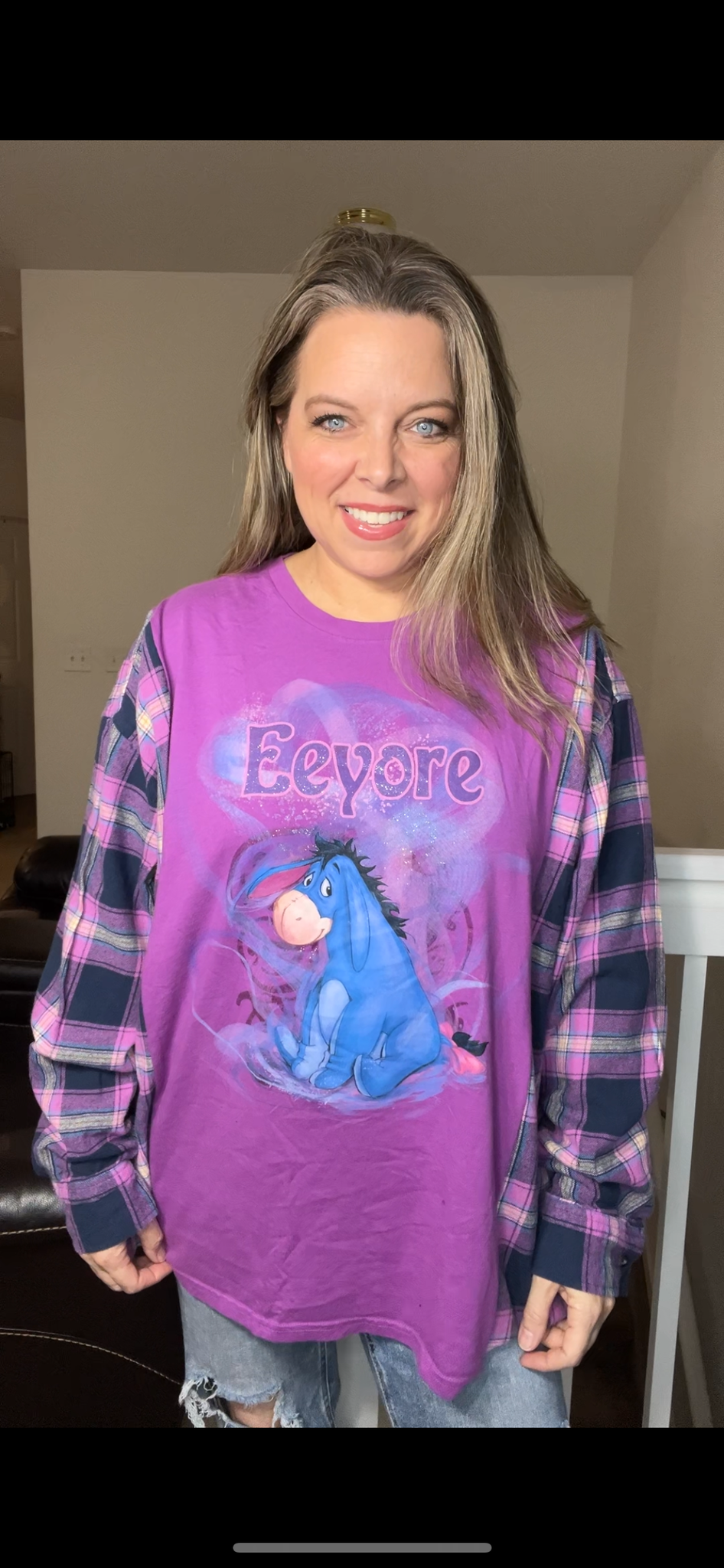Upcycled Eeyore – women’s 3X T-shirt with flannel sleeves