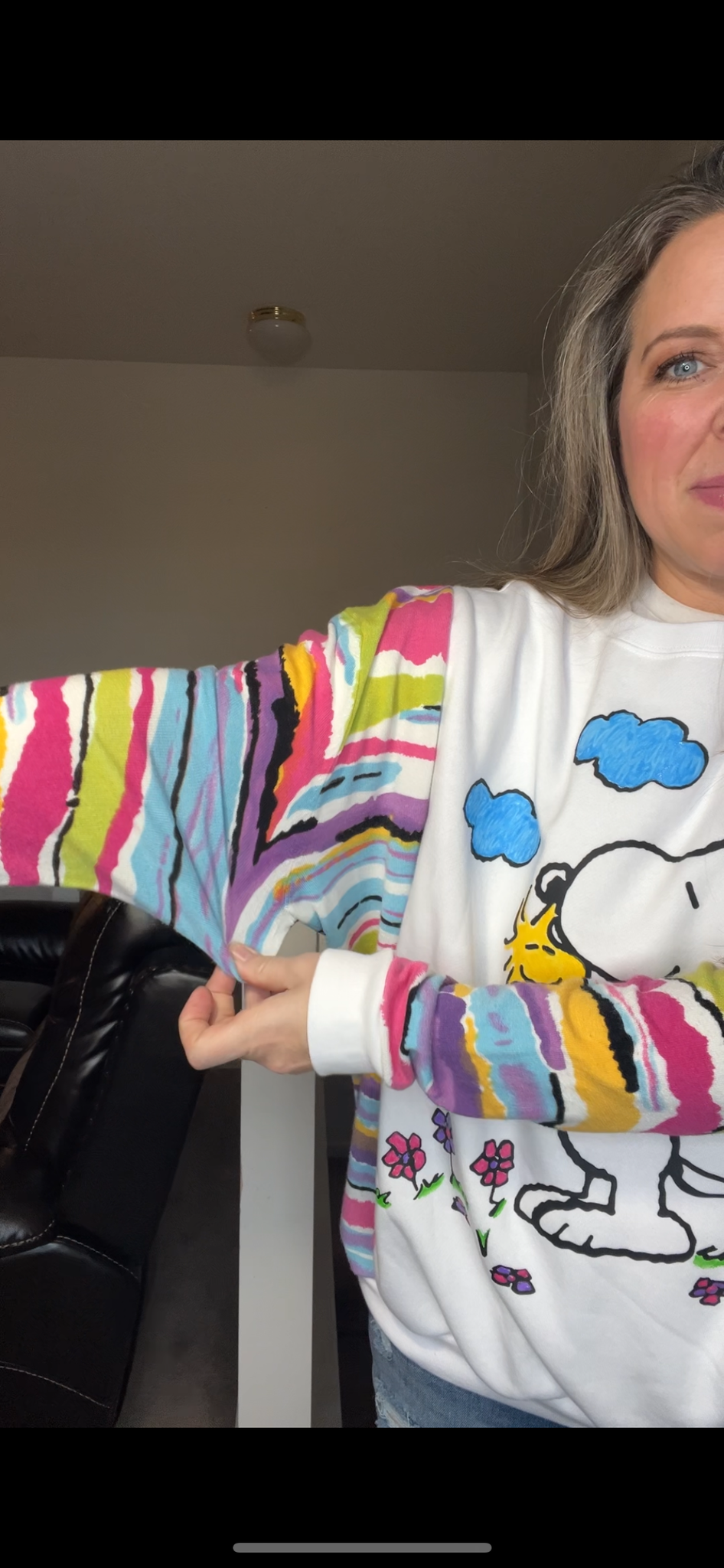 Upcycled Snoopy - Woman’s large – thin sweatshirt with fitted stretchy cotton sleeves￼ ￼