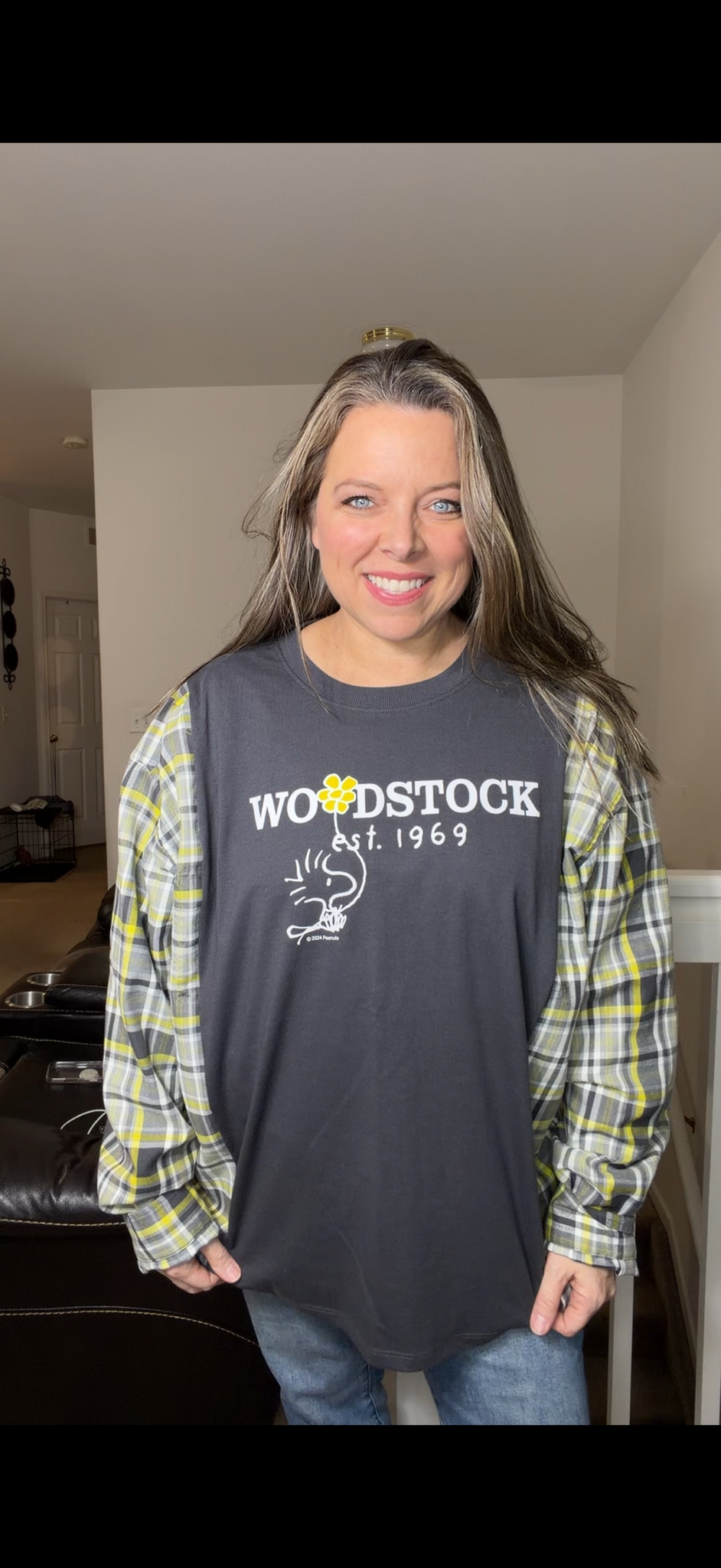 Upcycled Woodstock - women's 2X T-shirt with flannel sleeves