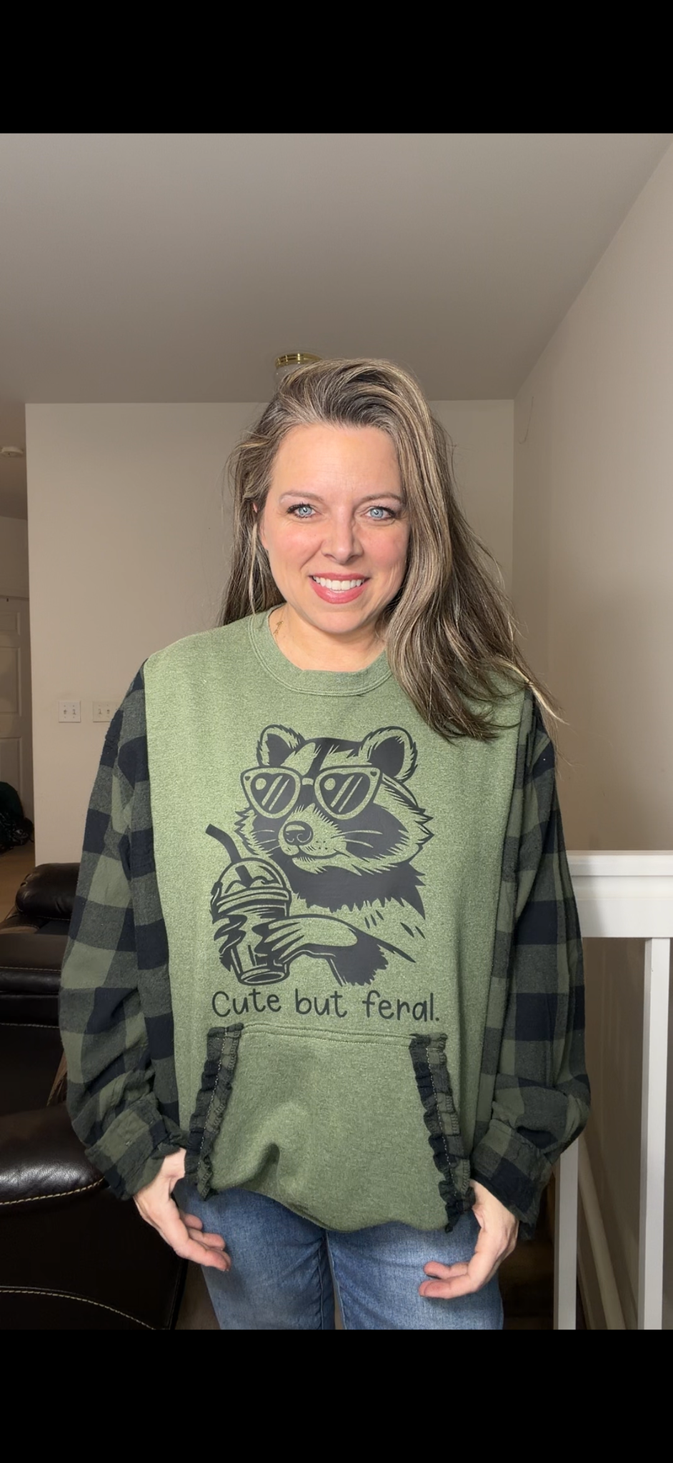 Upcycled Cute but Feral - women's XL midweight sweatshirt with flannel sleeves