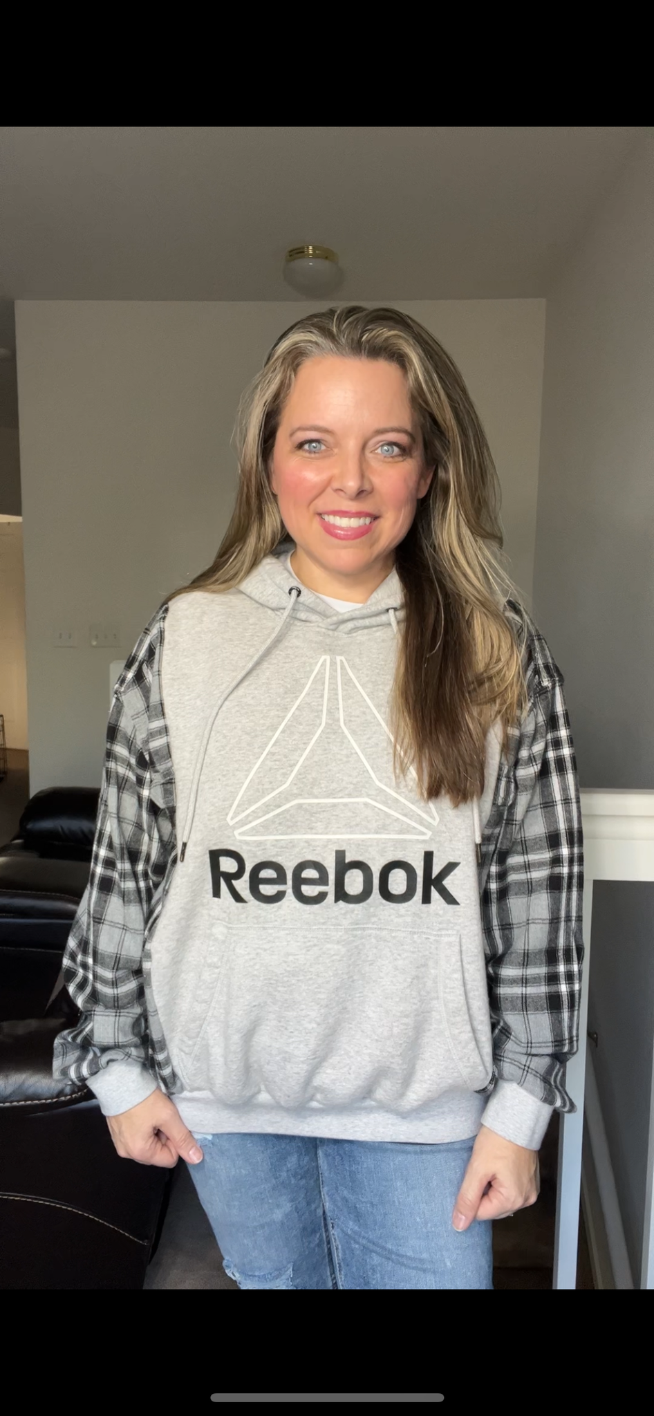 Upcycled Reebok gray – woman’s M/L – midweight sweatshirt with flannel sleeves ￼