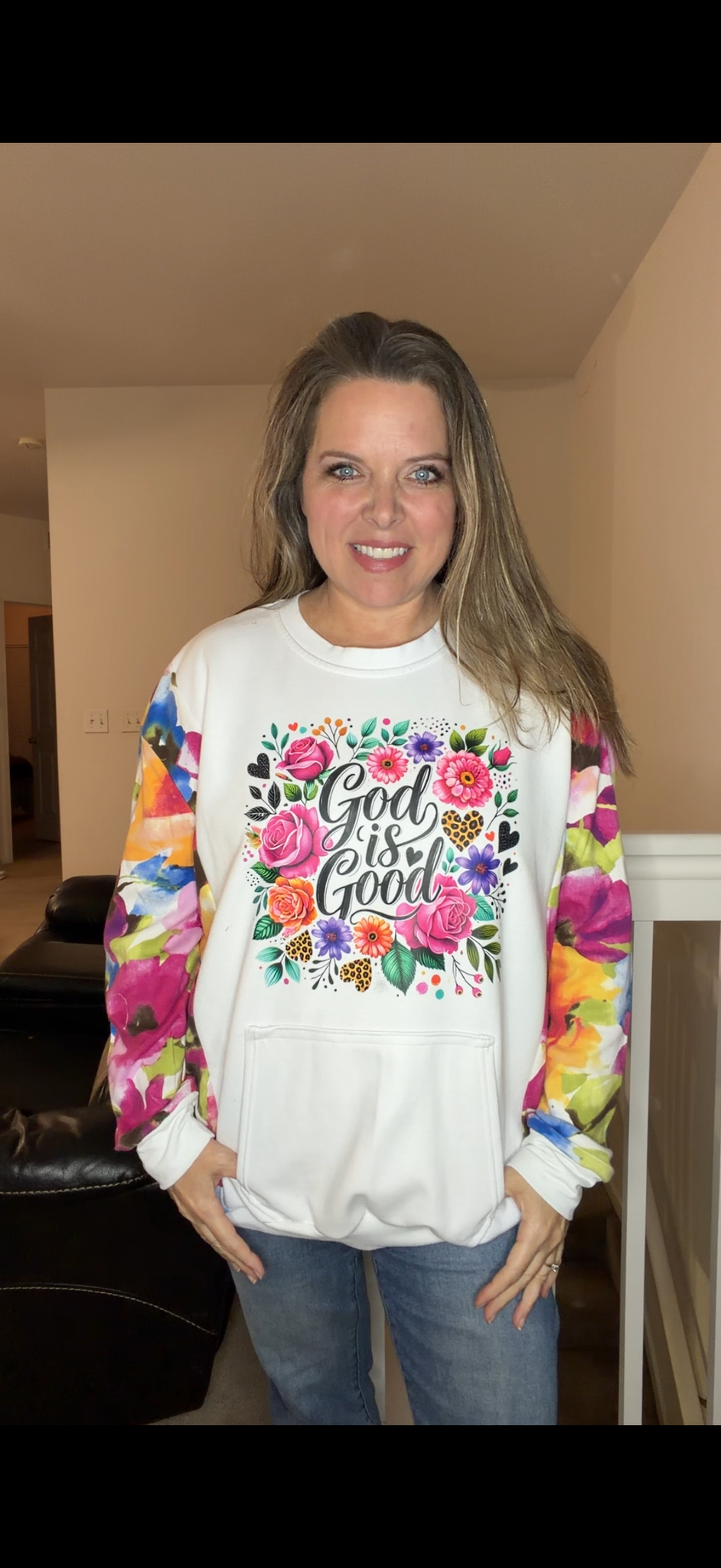 Upcycled God is Good - women's 2X midweight sweatshirt with soft knit sleeves ￼