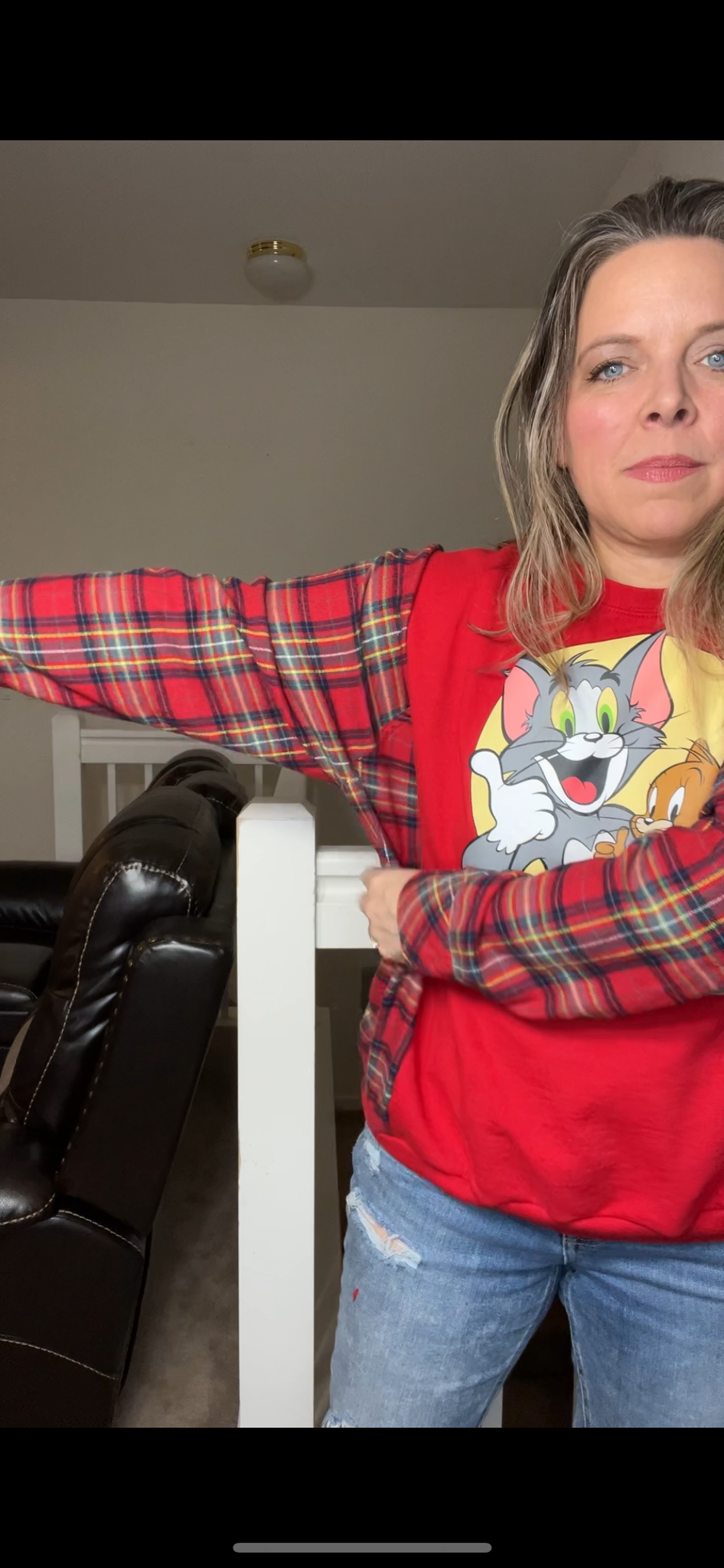 Upcycled Tom and Jerry – women’s small/medium midweight sweatshirt with flannel sleeves