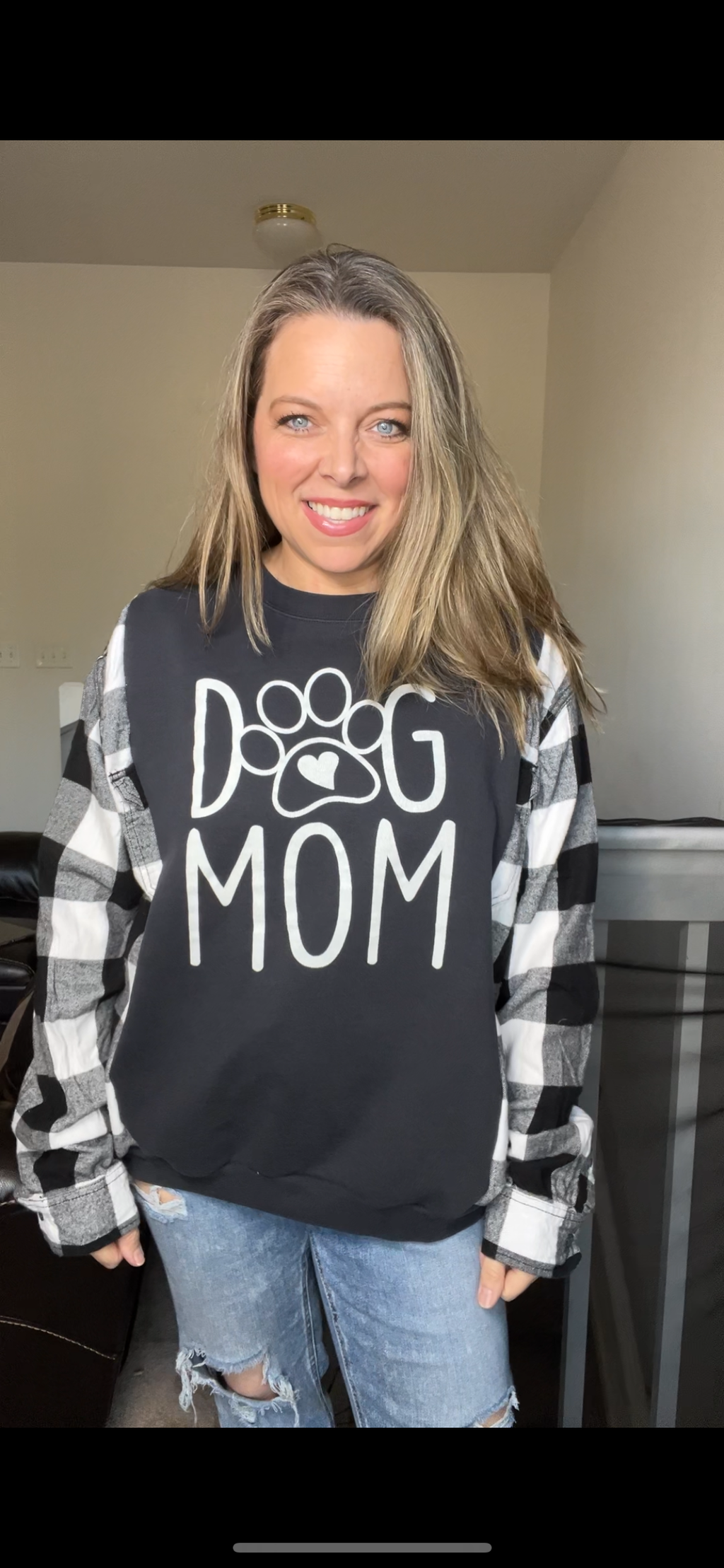 Upcycled Dog mom – women’s XL midweight sweatshirt with flannel sleeves