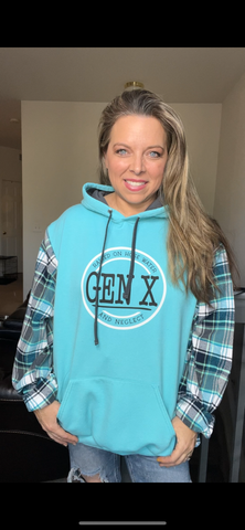 Upcycled Gen X aqua – women’s 4X midweight sweatshirt with flannel sleeves