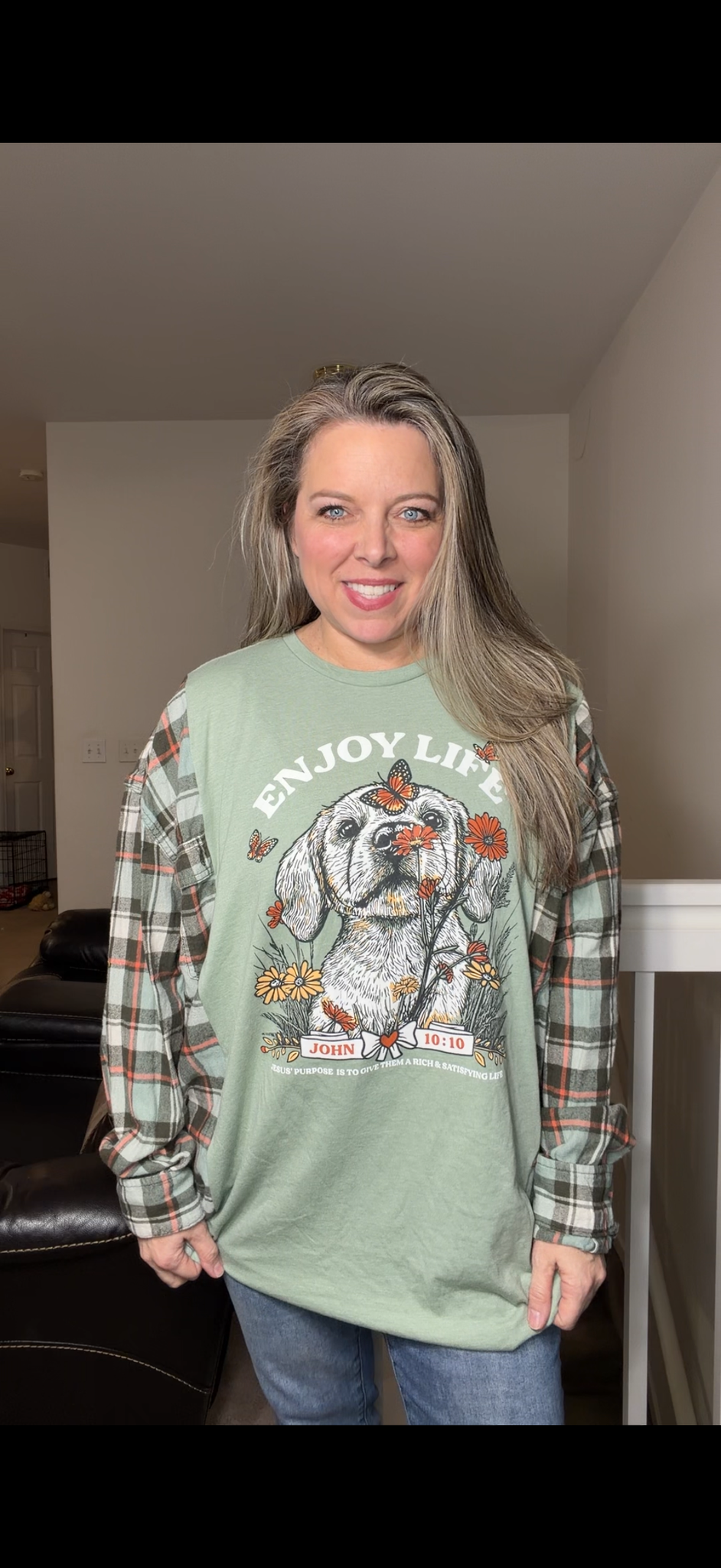 Upcycled Dog - women's 3X T-shirt with flannel sleeves