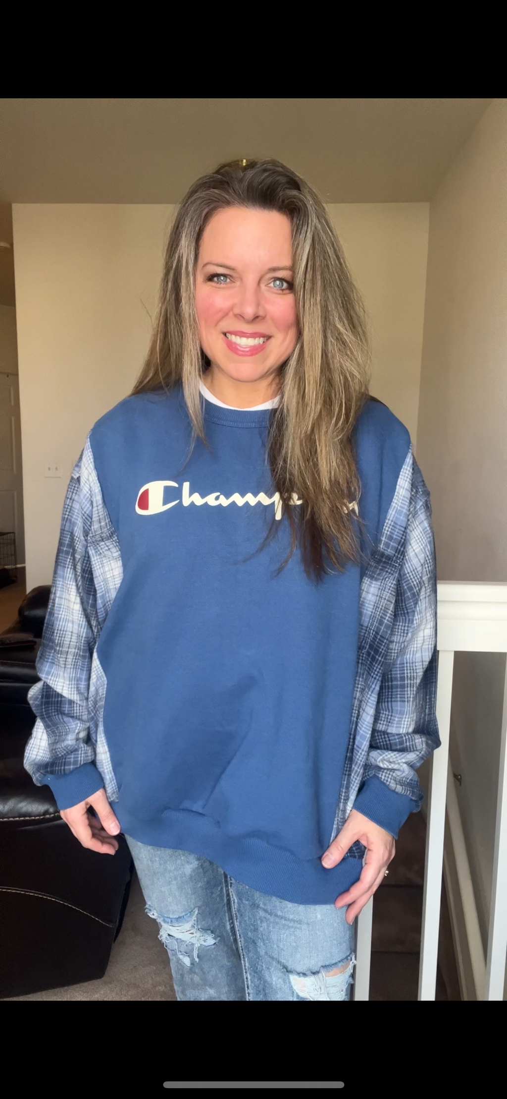 Upcycled Blue Champion - Women’s 1X – midweight sweatshirt with flannel sleeves￼