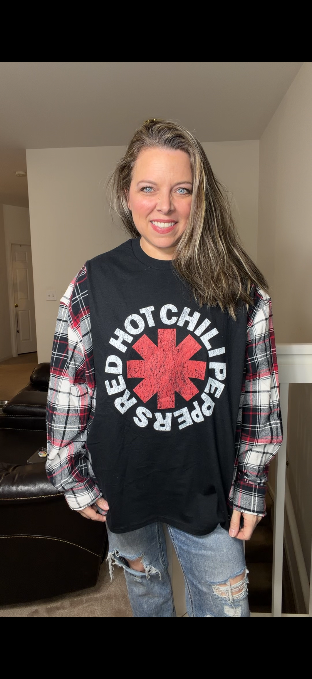 Upcycled Chili Peppers - women's 3X T-shirt with flannel sleeves