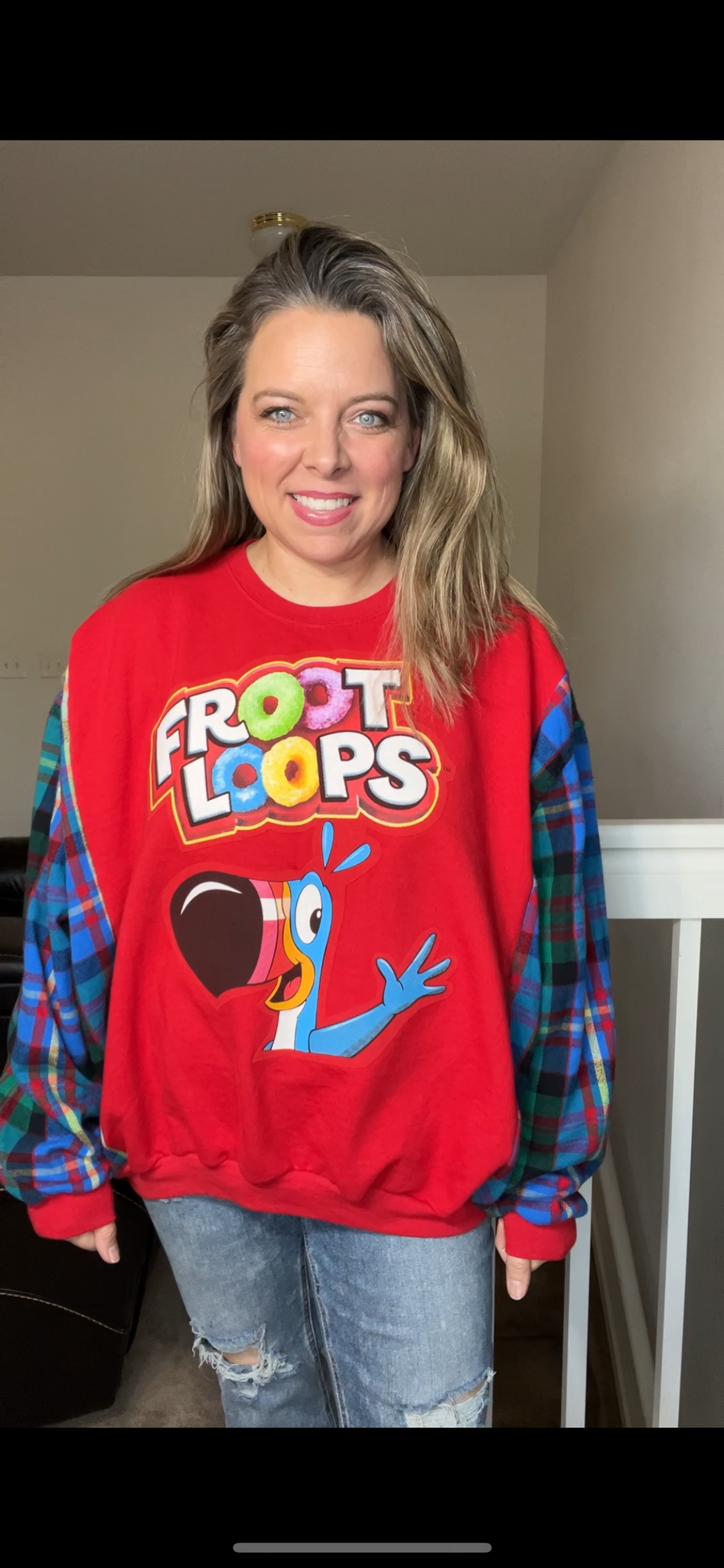 Upcycled Froot Loops – women’s 1X – midweight sweatshirt with flannel sleeves￼