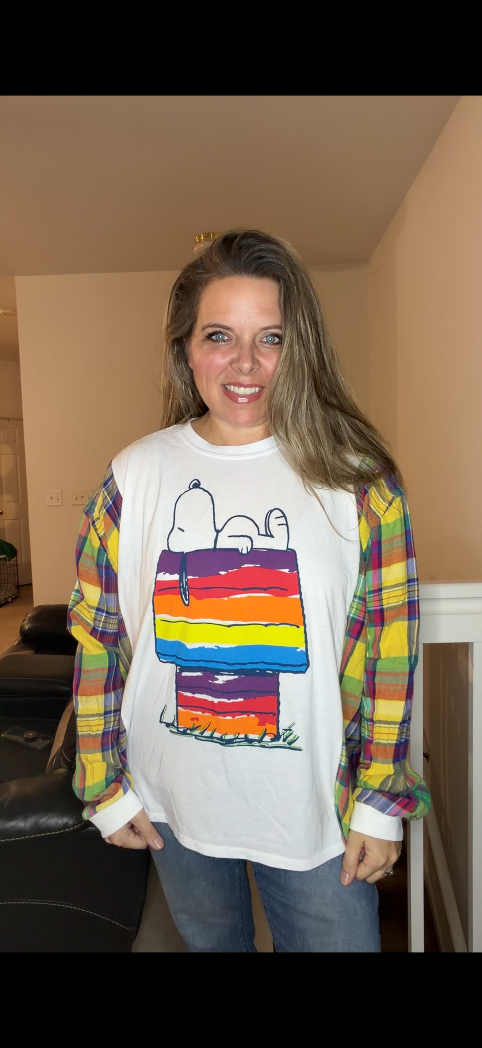 Upcycled Snoopy - women's one X/2X T-shirt with thin flannel sleeves
