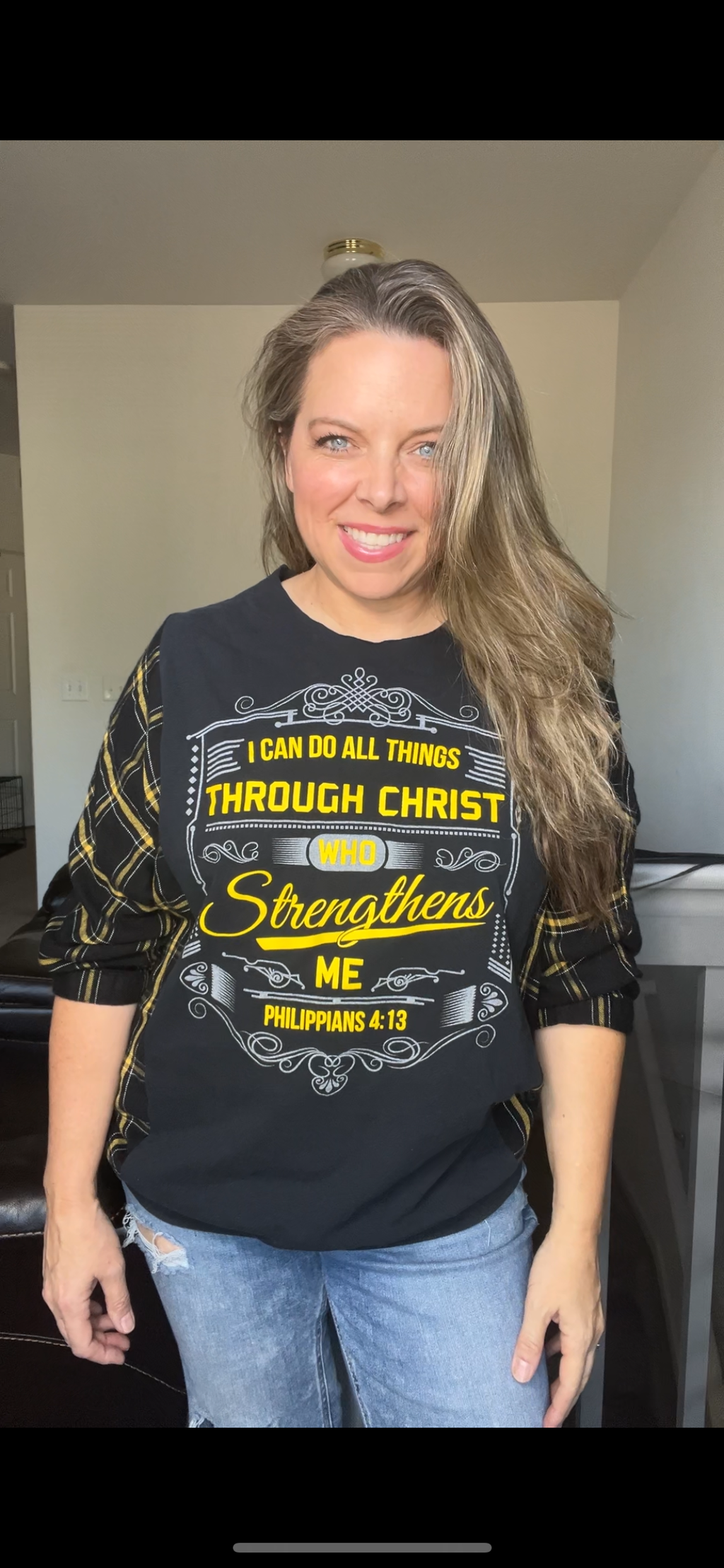 Upcycled Christ Strengthens – women’s small/medium T-shirt with 3/4 sleeves