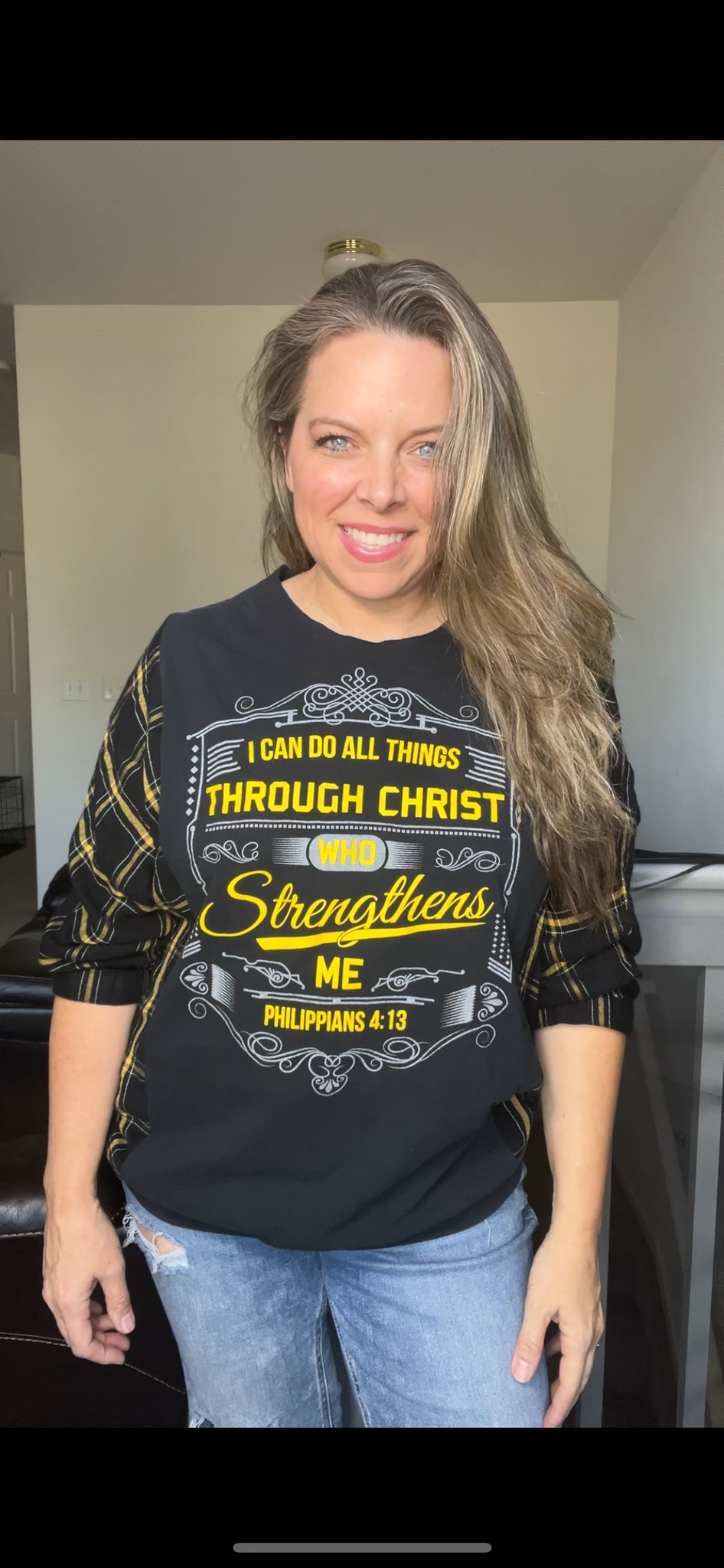 Upcycled Christ Strengthens – women’s small/medium T-shirt with 3/4 sleeves