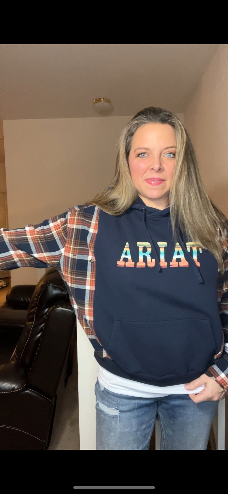 Upcycled Ariat - women’s small – midweight sweatshirt with flannel sleeves ￼￼