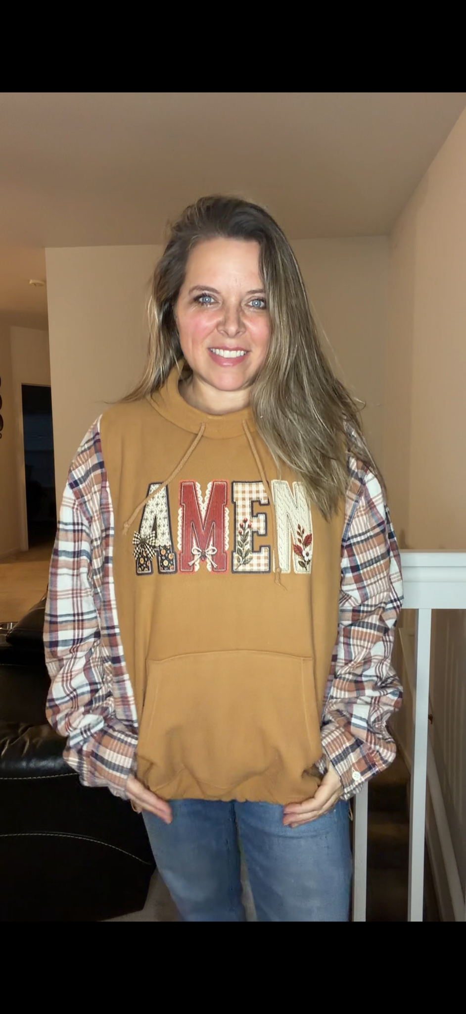 Upcycled Amen - women's 2X lightweight fleece sweatshirt with flannel sleeves