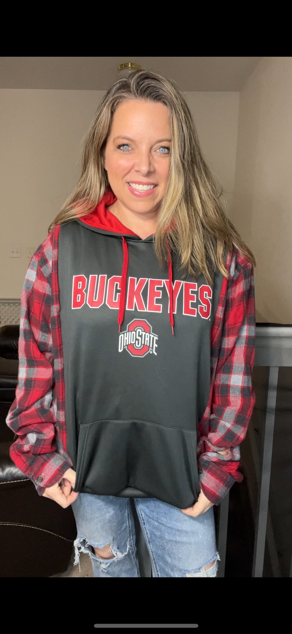 Upcycled OSU – women’s 1X/2X midweight sweatshirt with flannel sleeves