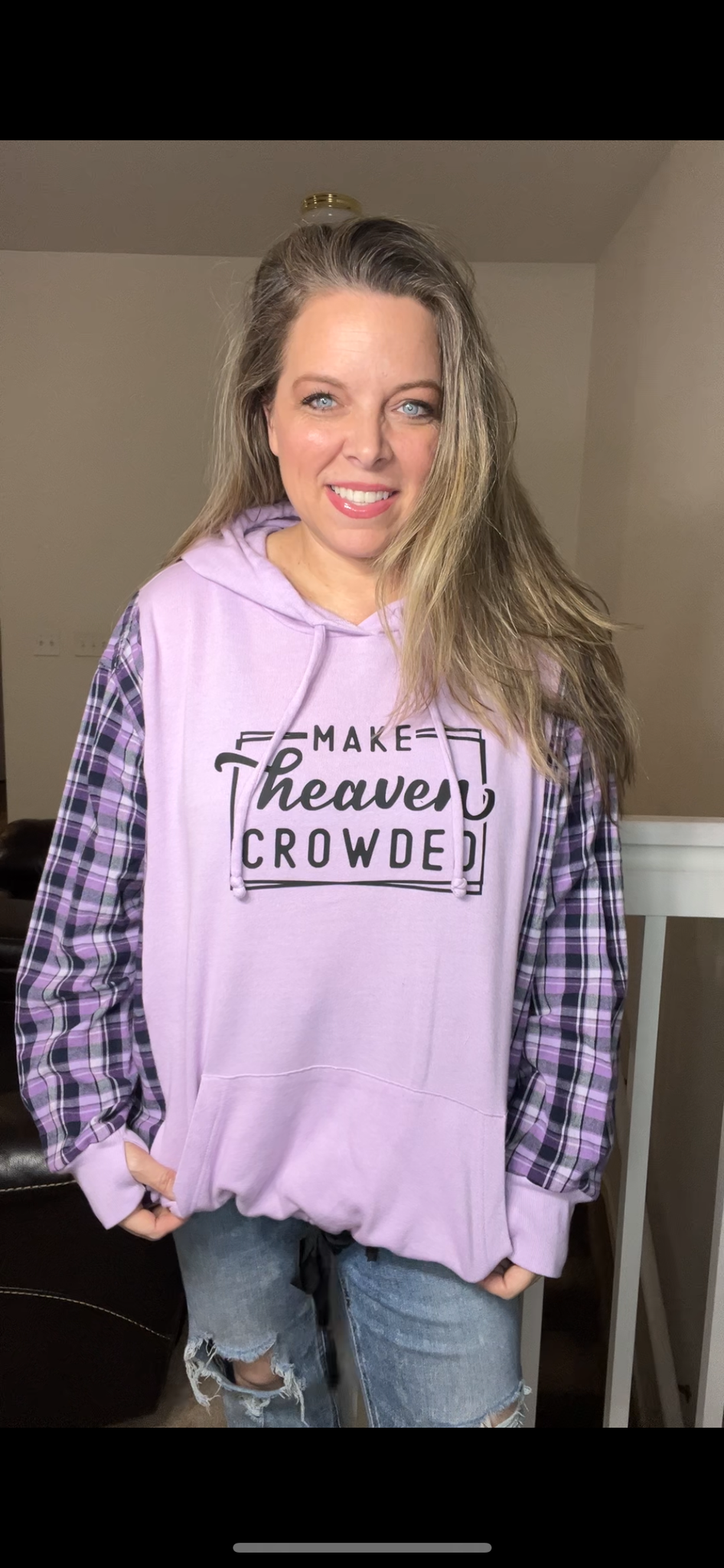 Upcycled Crowded – women’s 2X/3X French terry sweatshirt with flannel sleeves