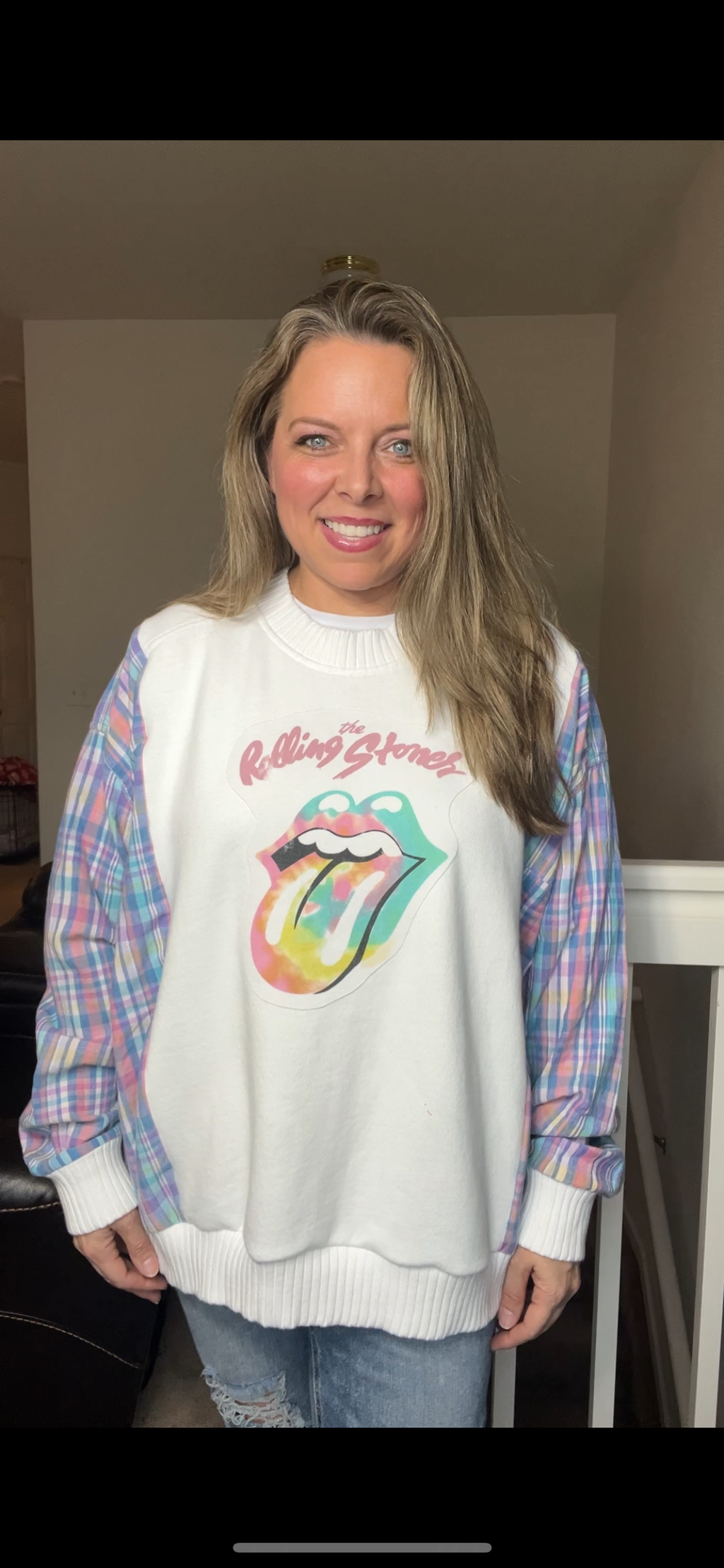 Upcycled Rolling Stones – women’s 1X midweight sweatshirt with thin flannel sleeves￼