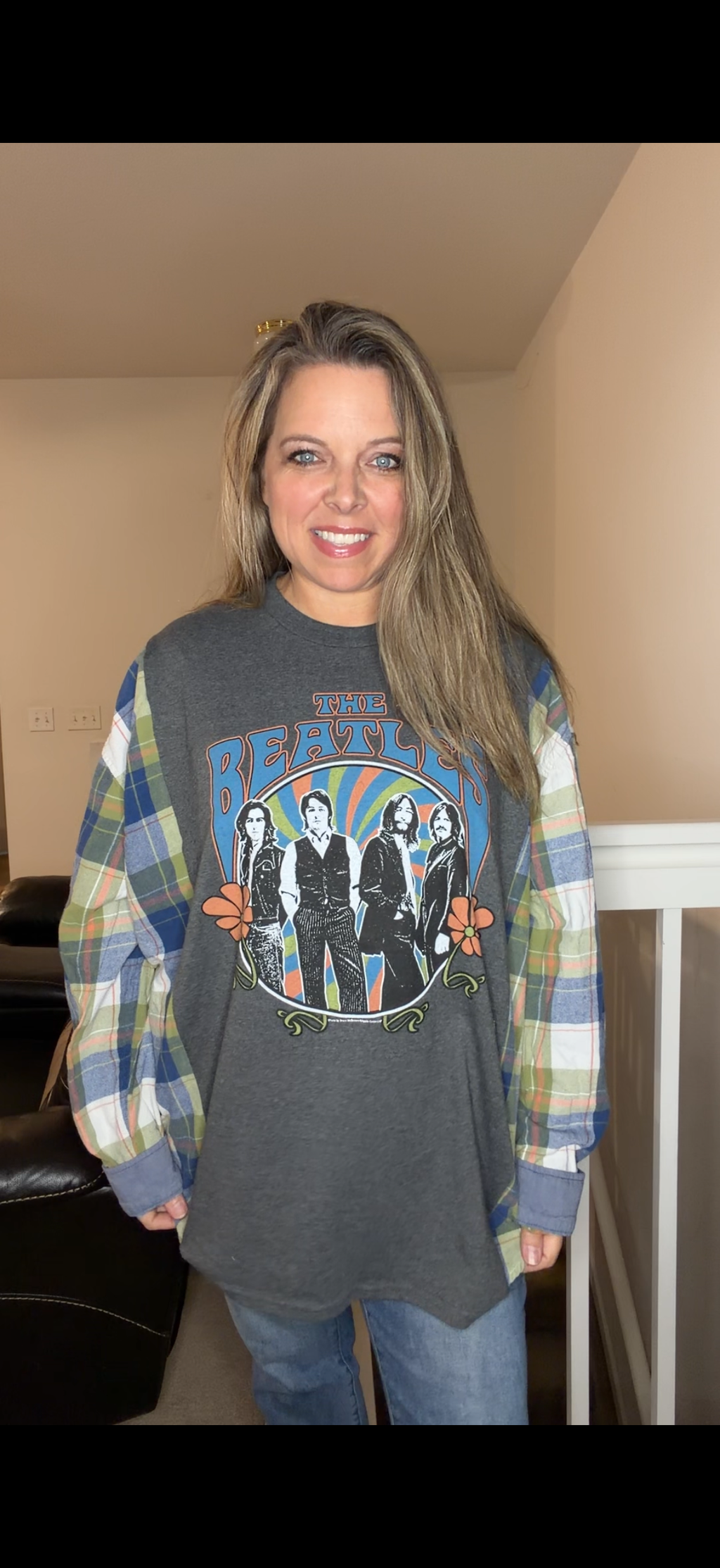 Upcycled Beatles - women's 2X/3X T-shirt with flannel sleeves ￼