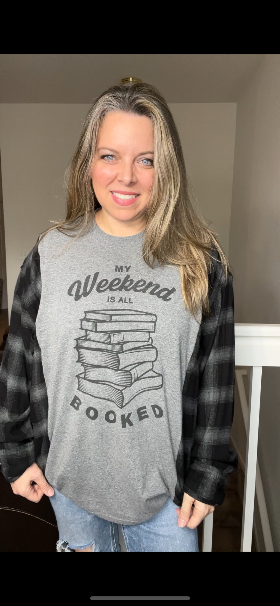 Upcycled Booked – women’s 2X long T-shirt with flannel sleeves