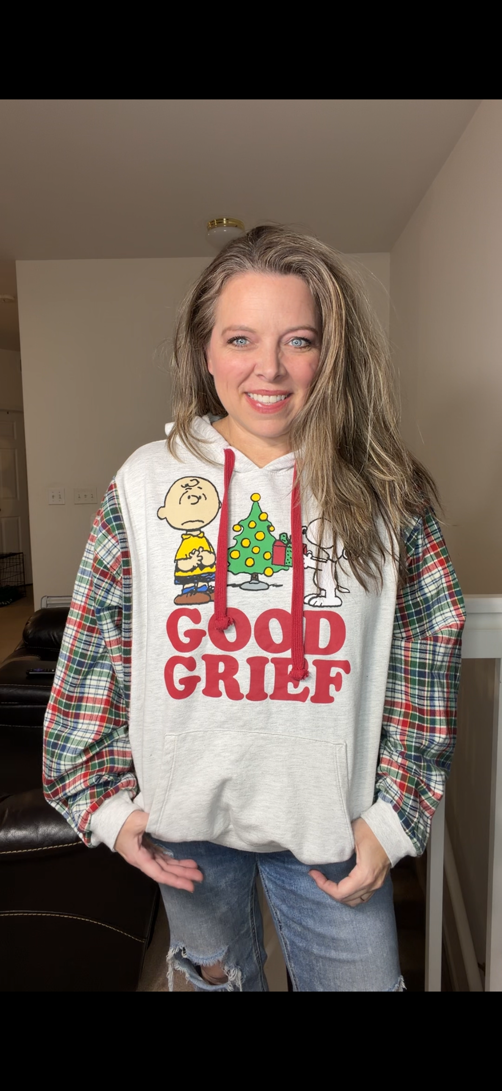 Upcycled good grief – women's medium/large midweight sweatshirt with flannel sleeves