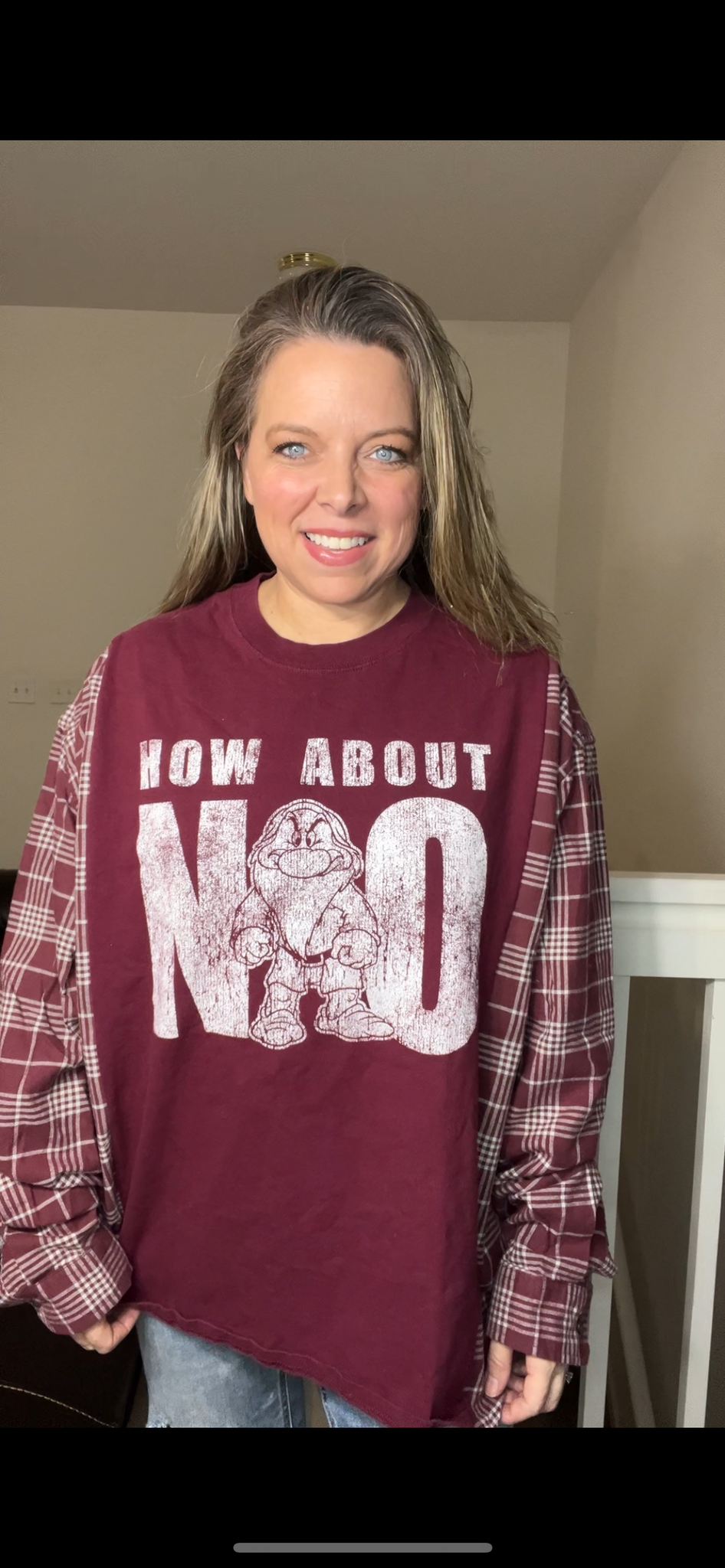 Upcycled NO - Women’s 2X T-shirt with flannel sleeves