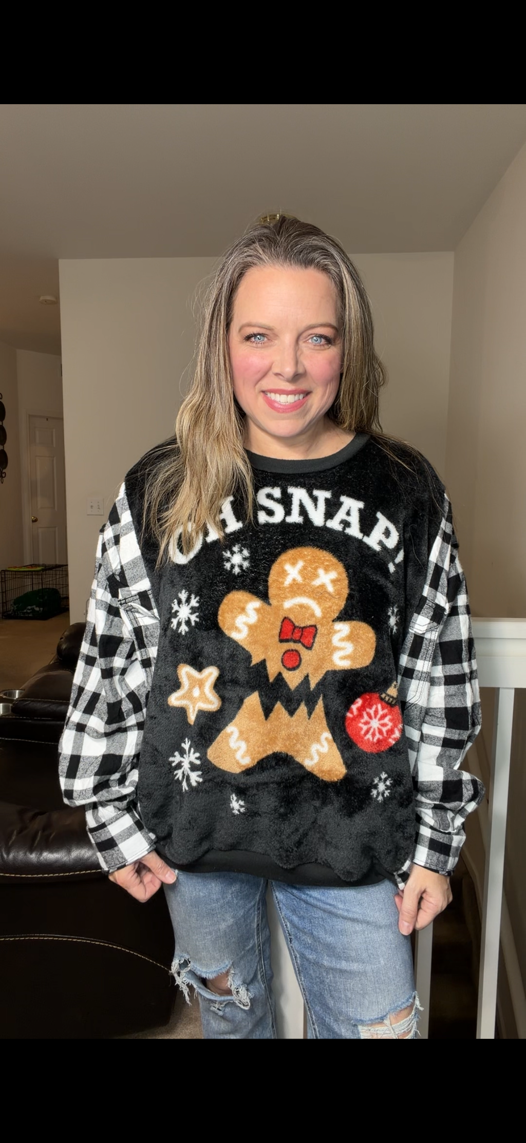 Upcycled Oh Snap – women's XL/one X fuzzy sweatshirt with flannel sleeves